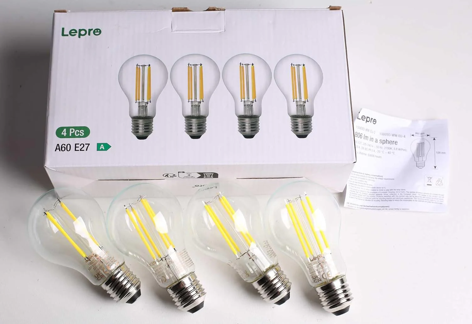 Lepro E27 Vintage Light Bulbs, Ultra Efficient A-Rated GLS Bulb, 3.8W = 60W, 806lm, 2700K Warm White, 50000H Lifespan, Clear Filament, Glass, Non-dimmable, Pack of 4 - Image 9