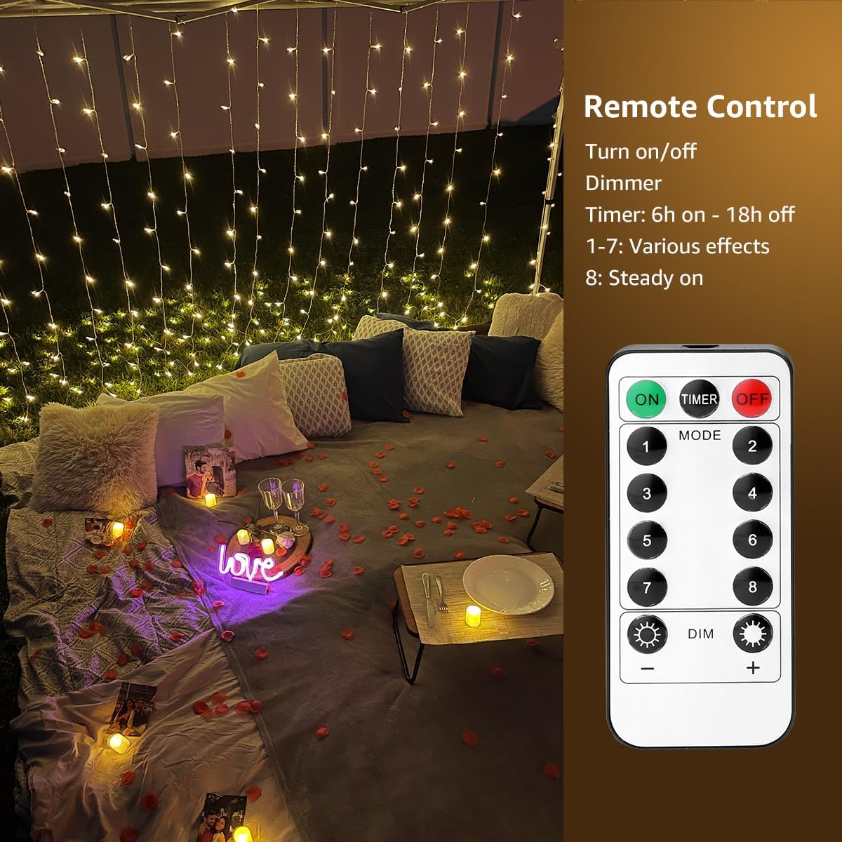 LE Curtain Lights Battery Powered, 3m x 3m 300 LED Warm White Fairy Curtain Lights, USB Powered 8 Modes Curtain Fairy Lights for Birthday Decorations, Wedding, Party, Garden, Bedroom, Remote Control - Image 3