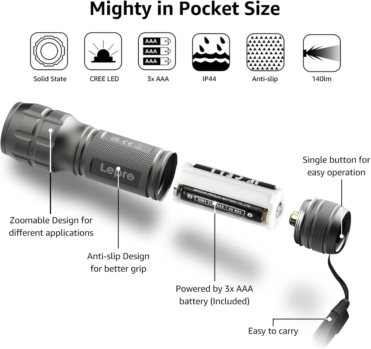 LE LED Torch Battery Powered, LE1000 Bright Hand Flashlight, Adjustable Focus, Water Resistant, Lightweight, for Power Cut, Camping, Dog Walking, Easy to Use Small Torch, Gift for Kids Men Dad Him - Image 6
