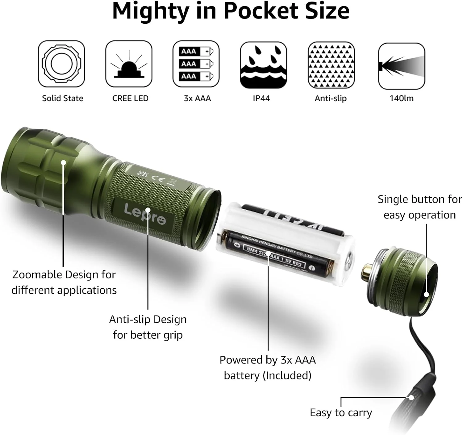 LE LED Torch Battery Powered, LE1000 Bright Hand Flashlight, Adjustable Focus, Water Resistant, Lightweight, for Power Cut, Camping, Dog Walking, Easy to Use Small Torch, Gift for Kids Men Dad Him - Image 6