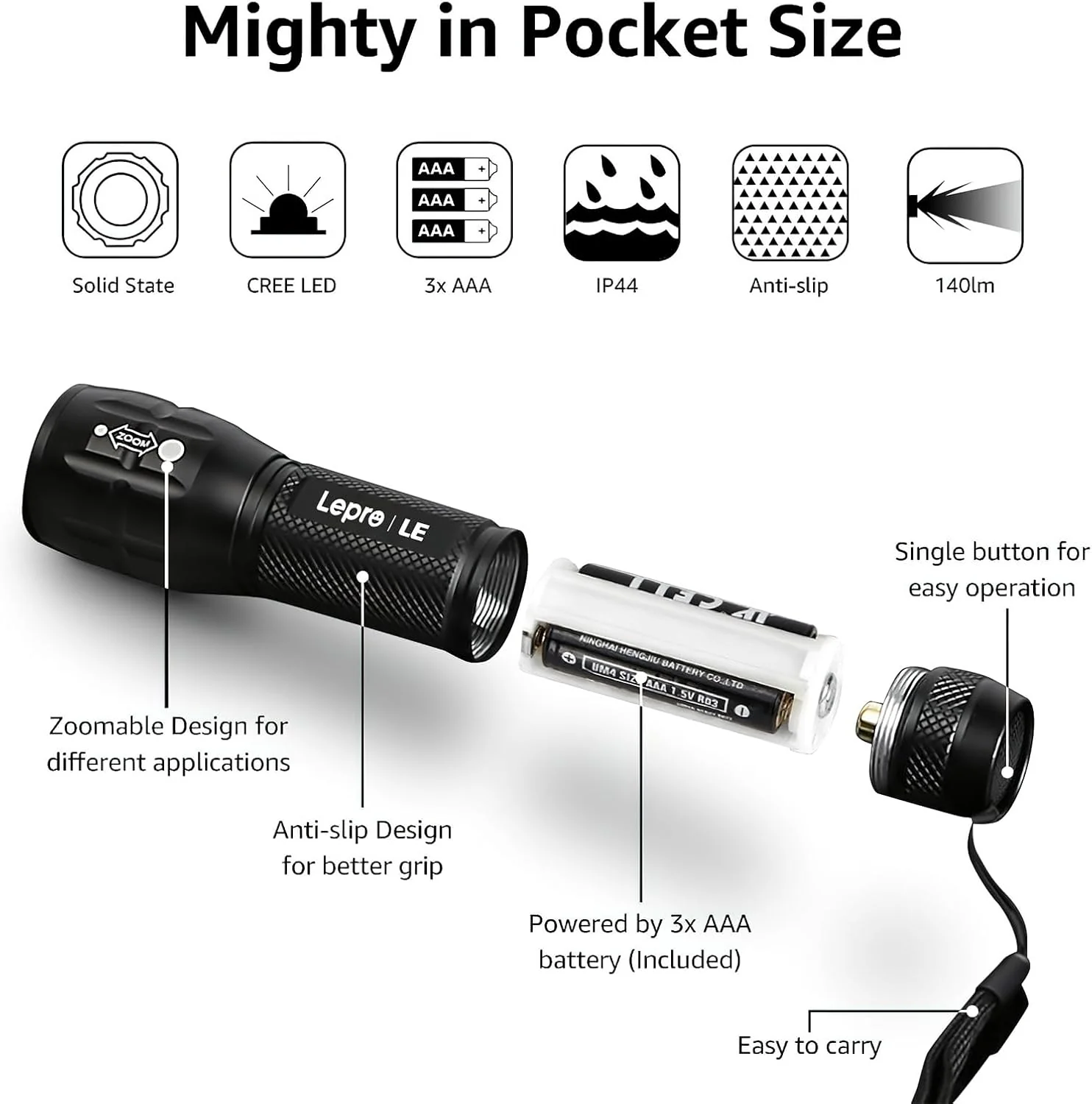 LE LED Torch, LE1000 Powerful Handheld Flashlight, Super Bright, Pocket Size, Lightweight, Suit for Camping, Cycling, Running, Dog Walking and More Outdoor Use, 12 AAA Batteries Included, Pack of 4 - Image 7