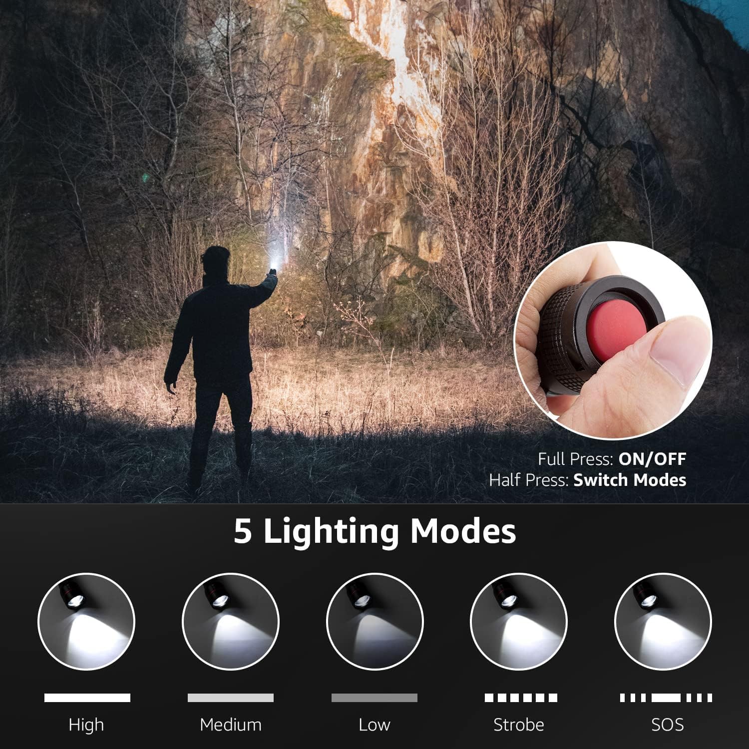 Lepro LED Torch, LE 2000 Super Bright Flashlight, Powered by AAA or 18650 Rechargeable Battery, Water Resistant, 5 Modes, Zoomable, Small Handheld Torch for Camping, Dog Walking, Running, Emergency - Image 3