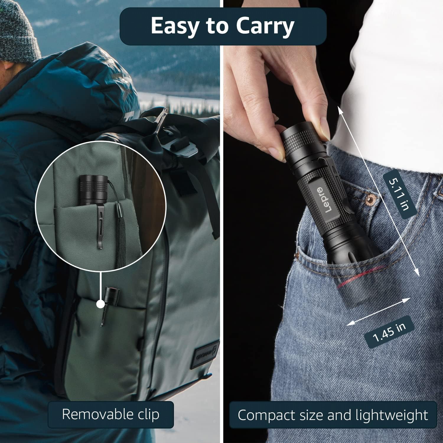 Lepro LED Torch Super Bright, LE2050 Pocket Flashlight, Zoomable, Waterproof, 5 Modes, Clip On, Small Hand Torch Powered by 18650 or AAA Battery (Not Included), for Power Cuts, Camping, Dog Walking - Image 6