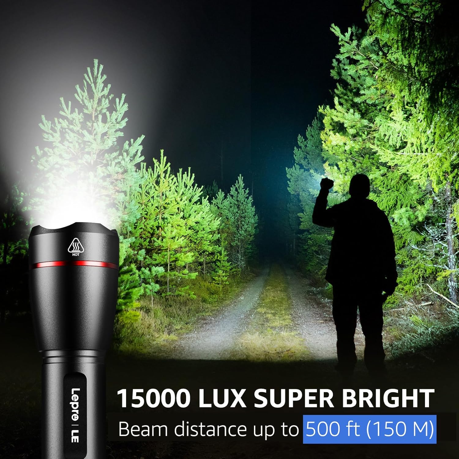 Lepro LED Torch Rechargeable, 15000 Lux Super Bright Adjustable Focus Flashlight, Long Battery Life, 5 Lighting Modes, IPX4 Waterproof, Powerful Torch for Camping, Power Cuts, Hiking, Outdoor, Gift - Image 3