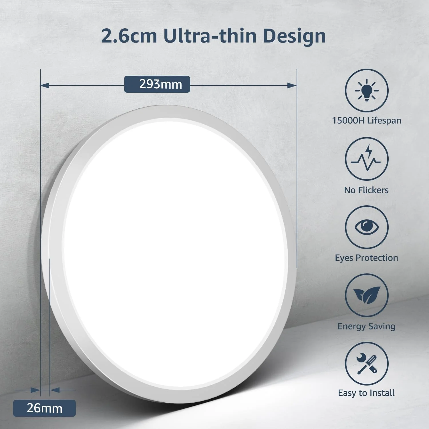 Lepro 24W LED Ceiling Light, 2400lm Super Bright Waterproof Bathroom Light, 2.6cm Ultra-Thin, Daylight White 5000K, Round Large Flush Ceiling Light for Living Room, Bedroom, Kitchen and More, Ø29.3cm - Image 4