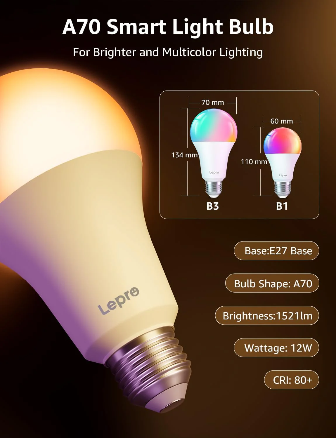 Lepro AI Smart Bulb E27, 1520LM Colour Changing Light Bulb, 12W(100W) WiFi Bulbs, Voice Control, Schedule & Timer, Work with Alexa & Google Assistant, Personalized AI Lighting Designer - Image 2