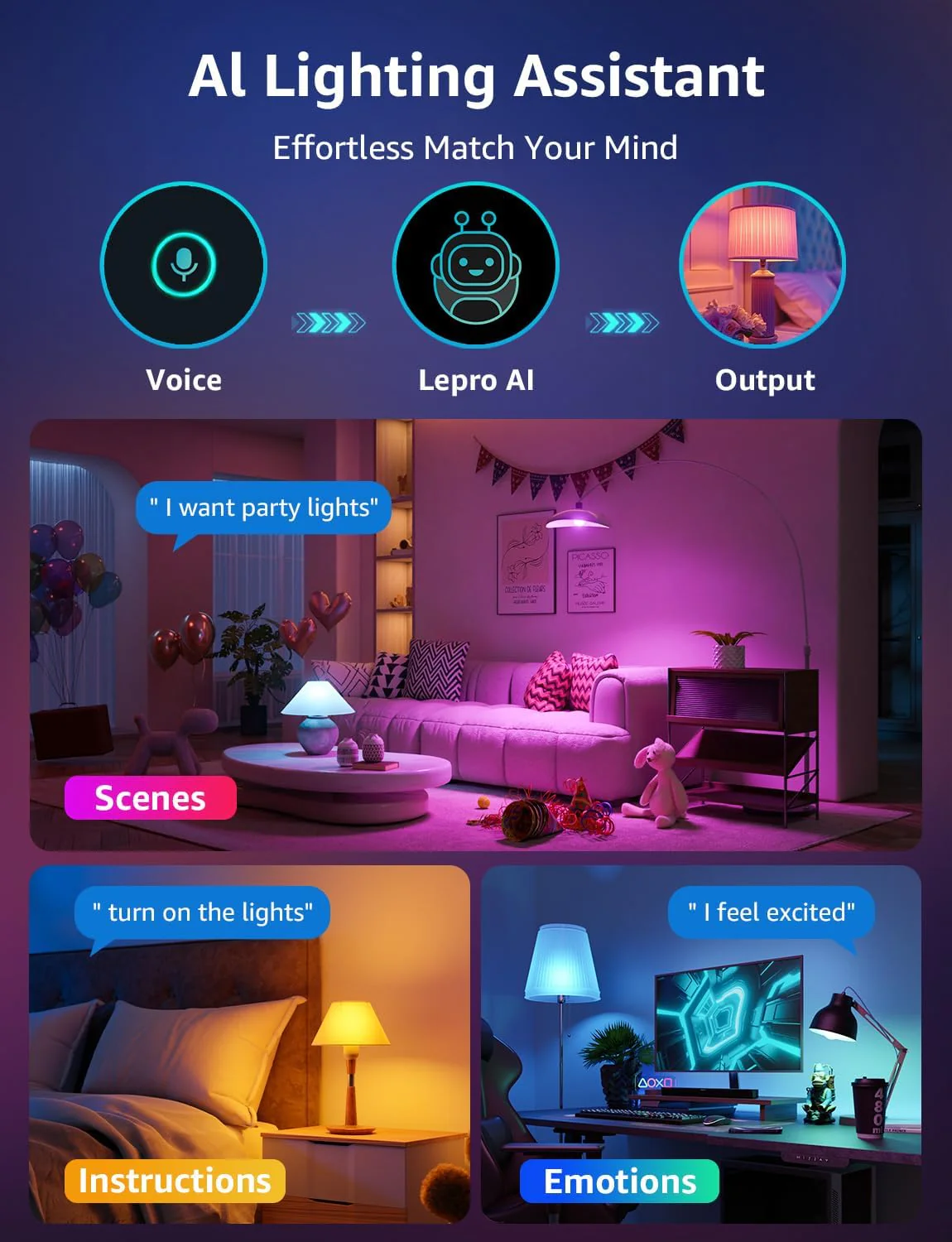 Lepro AI Smart Bulb E27, 1520LM Colour Changing Light Bulb, 12W(100W) WiFi Bulbs, Voice Control, Schedule & Timer, Work with Alexa & Google Assistant, Personalized AI Lighting Designer - Image 3