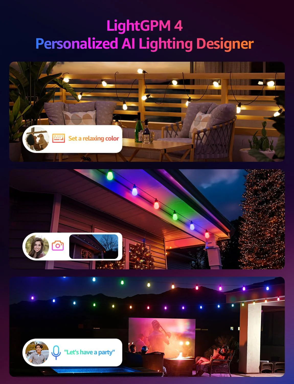 Lepro AI Smart Outdoor String Lights 30m, Festoon Lights Outdoor Waterproof IP65, Warm White & RGB Colour Changing, Personalized AI Lighting Designer, Works with Alexa & Google, 2.4G WiFi - Image 2