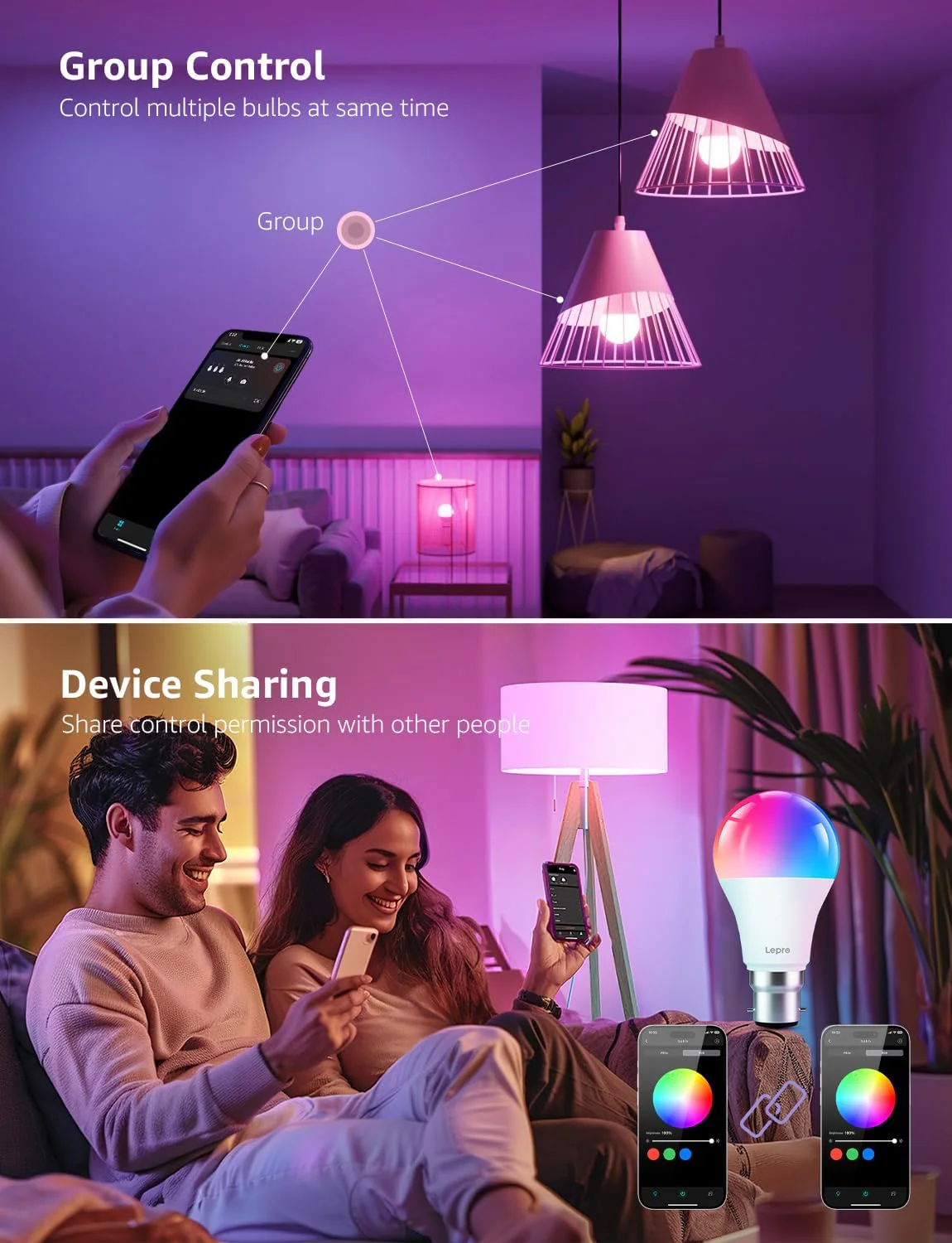 Lepro B2 AI Smart Bulb E27, 1100LM Music Sync Bluetooth & WiFi Bulb, Voice Control Screw Light Bulbs, RGBCCT, AI Lighting Design Assistant, Colour Changing Bulb, Work with Alexa & Google Assistant - Image 8