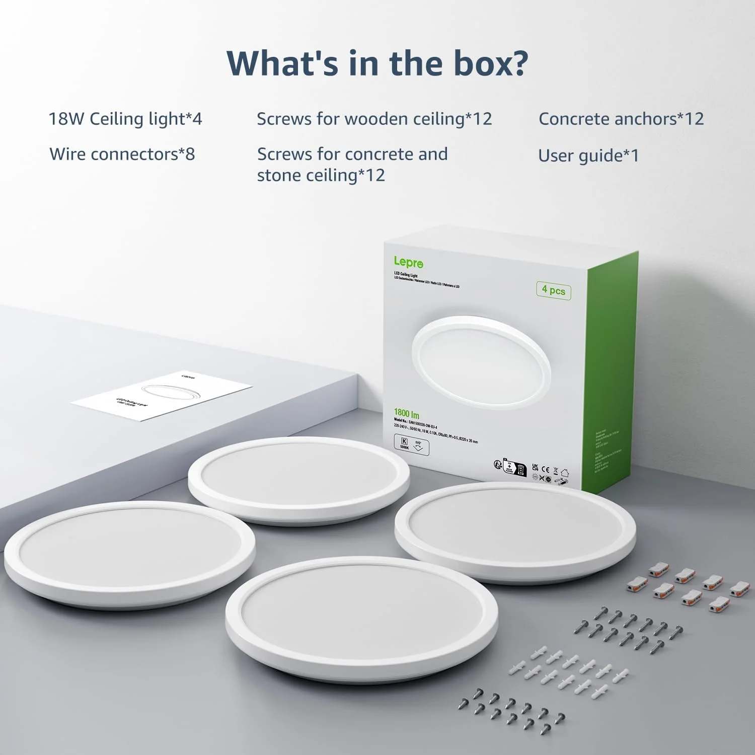 Lepro Bathroom Light, 18W 1800lm LED Ceiling Light, Waterproof IP44, 2.6cm Ultra-thin, 5000K, Round, Modern Flush Ceiling Lighting for Bathroom, Kitchen, Bedroom, Hallway, Utility Room, Ø22cm, 4 Packs - Image 9