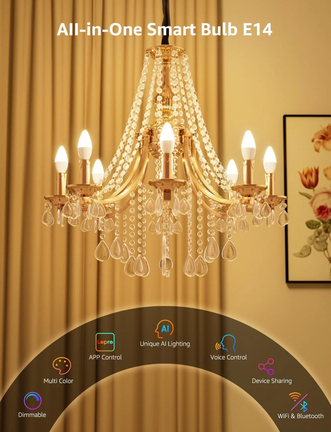 Lepro BC1 AI Smart Bulb E14, Music Sync WiFi Bulb, Voice Control, AI Lighting Design Assistant, Bluetooth Color Changing Light Bulb, RGBCCT Candle Bulb, Work with Alexa & Google Assistant, 4 Packs - Image 10