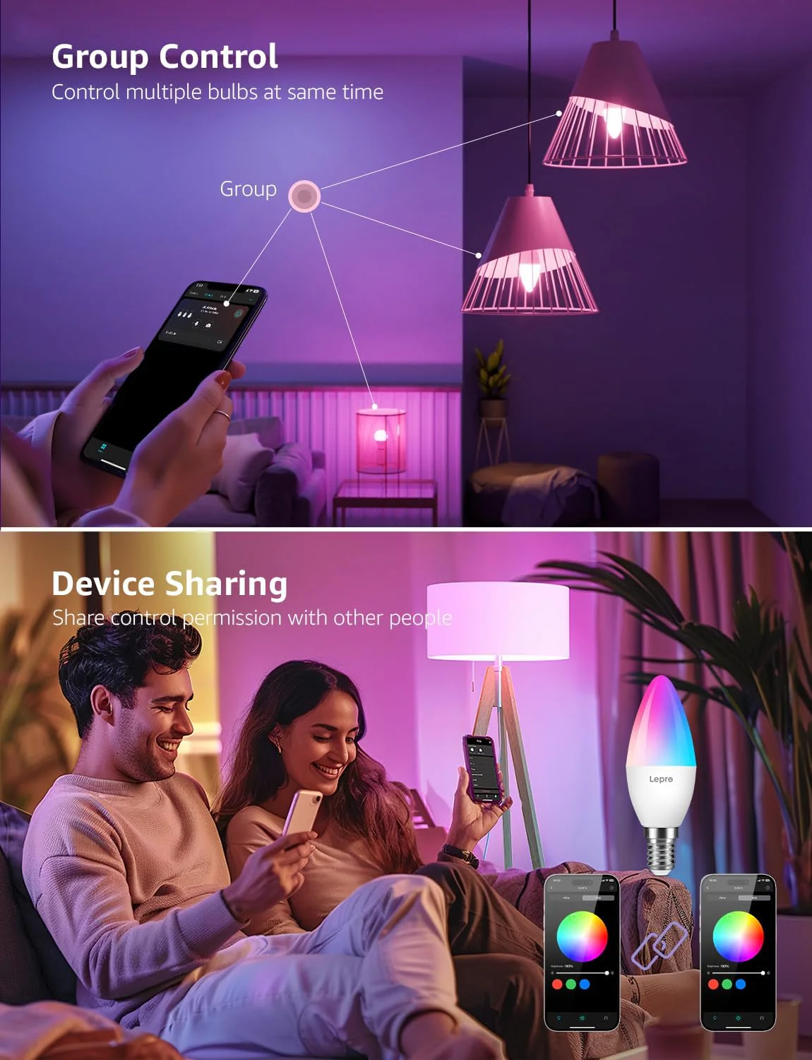 Lepro BC1 AI Smart Bulb E14, Music Sync WiFi Bulb, Voice Control, AI Lighting Design Assistant, Bluetooth Color Changing Light Bulb, RGBCCT Candle Bulb, Work with Alexa & Google Assistant, 4 Packs - Image 6