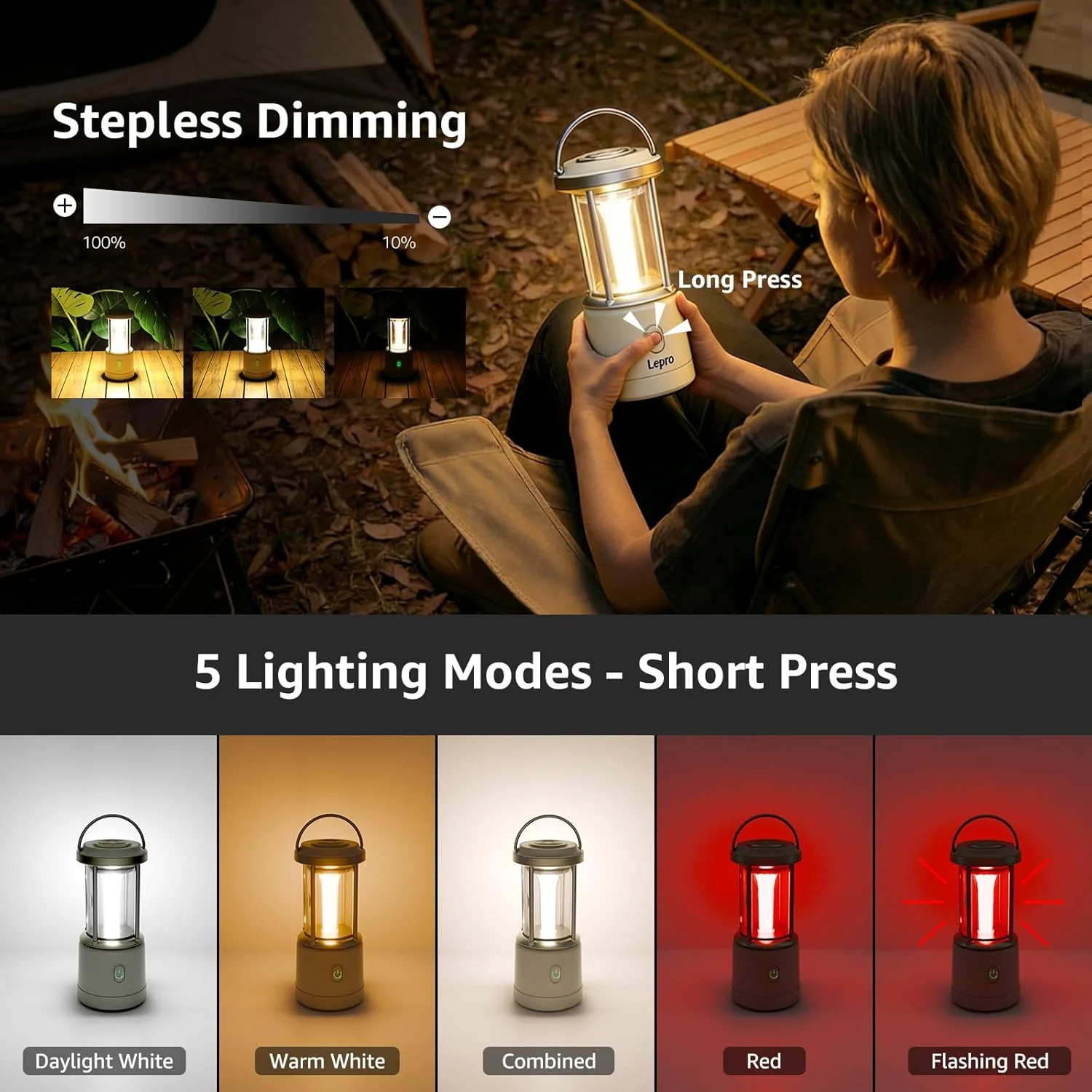 Lepro White Camping Lantern, 1100 Lumen Camping Light Battery Powered, Dimmable 5 Modes, Warm White & Cool Light, AA Battery Lantern for Power Cuts, Tents, Fishing, Emergency (AA Batteries Not Included) - Image 2