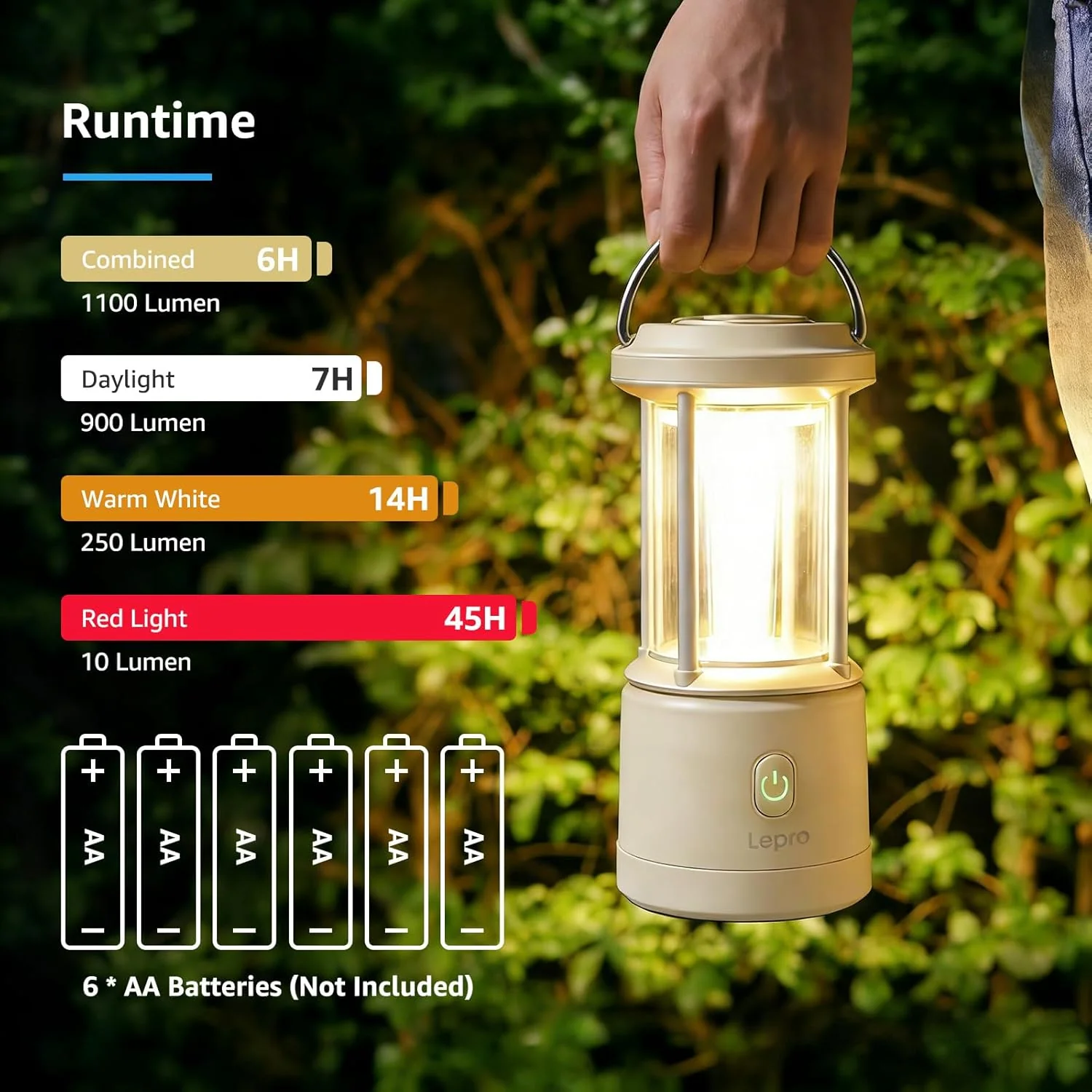 Lepro White Camping Lantern, 1100 Lumen Camping Light Battery Powered, Dimmable 5 Modes, Warm White & Cool Light, AA Battery Lantern for Power Cuts, Tents, Fishing, Emergency (AA Batteries Not Included) - Image 3
