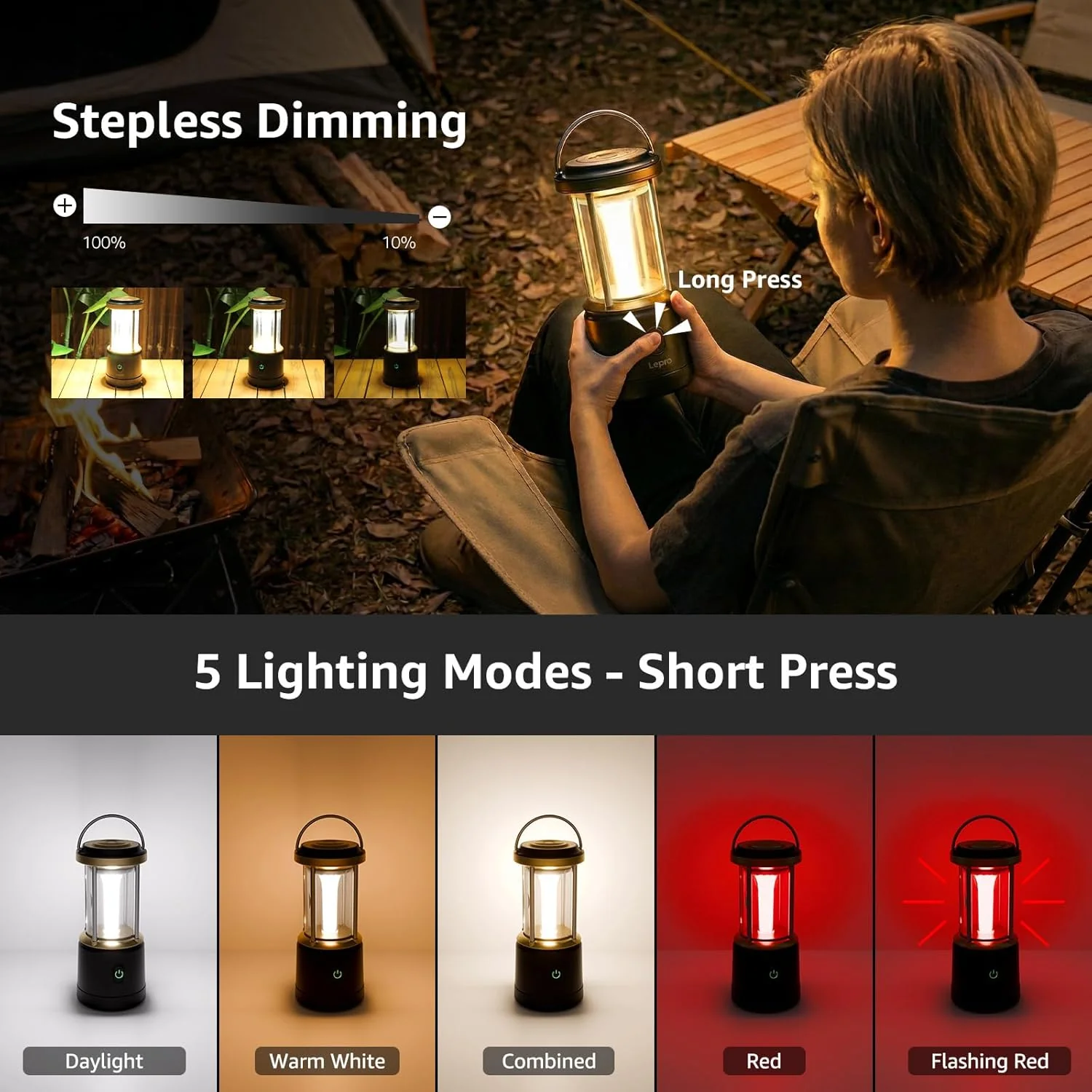 Lepro Camping Lantern, 2000 Lumen Camping Light Reachargeable or AA Battery Powered, Dimmable 5 Modes, Warm White & Cool Light, Rechargeable Lantern for Power Cuts, Tents, Fishing, Storm, Emergency - Image 2