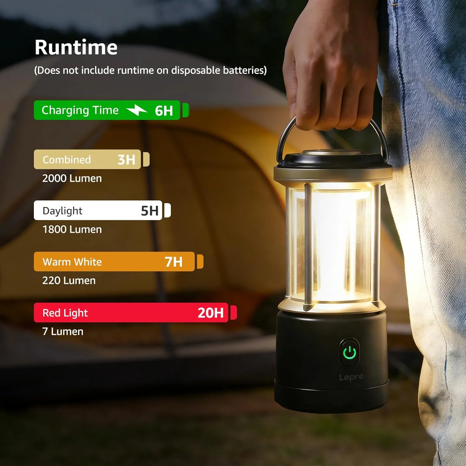 Lepro Camping Lantern, 2000 Lumen Camping Light Reachargeable or AA Battery Powered, Dimmable 5 Modes, Warm White & Cool Light, Rechargeable Lantern for Power Cuts, Tents, Fishing, Storm, Emergency - Image 3