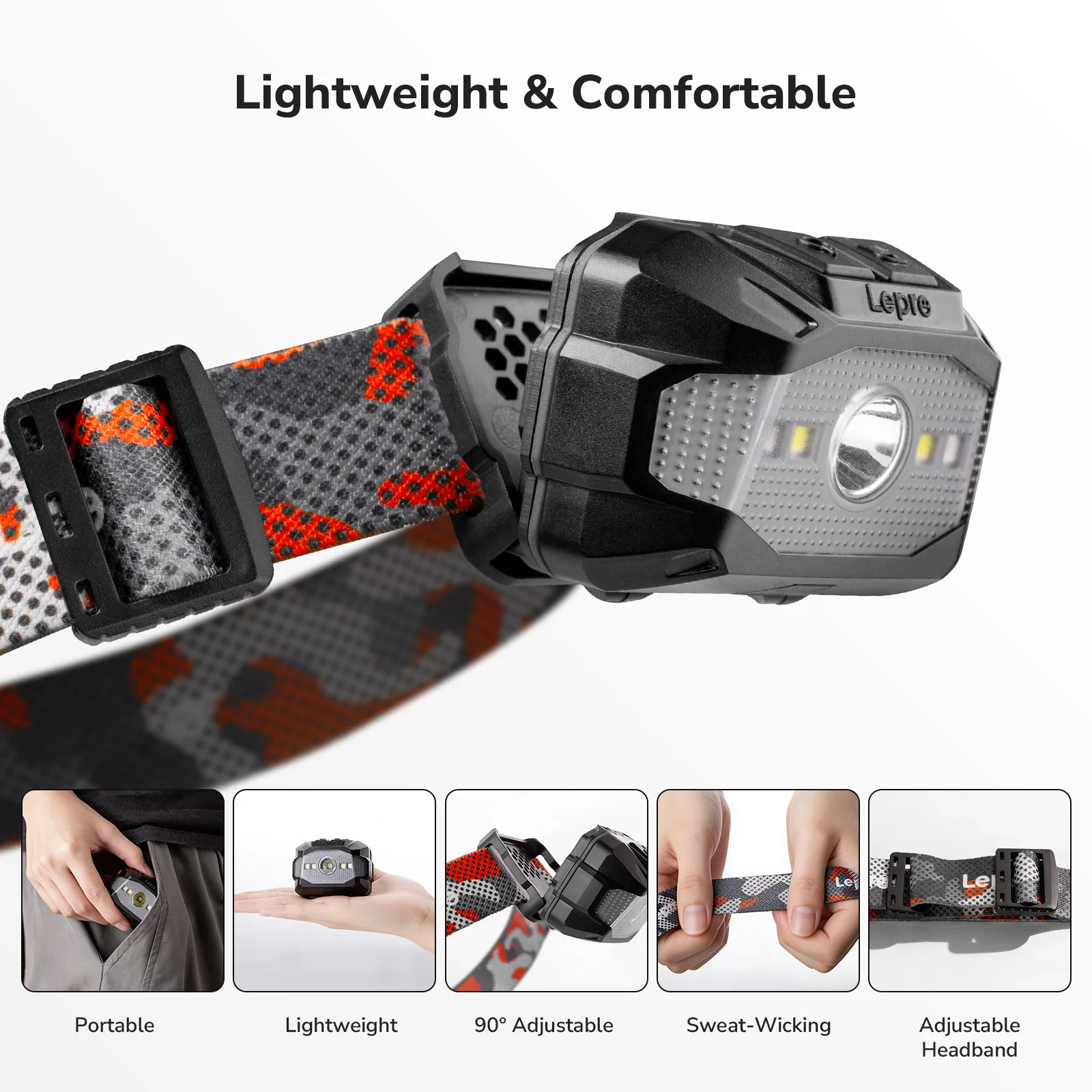 Lepro Dual Power Head Torch Rechargeable, LED Headlight with TypeC & AAA Backup, 10 Modes with Red SOS Light, Lightweight for Kids Adults, IPX4 Waterproof Head Lamp for Camping, Running, Cycling - Image 6