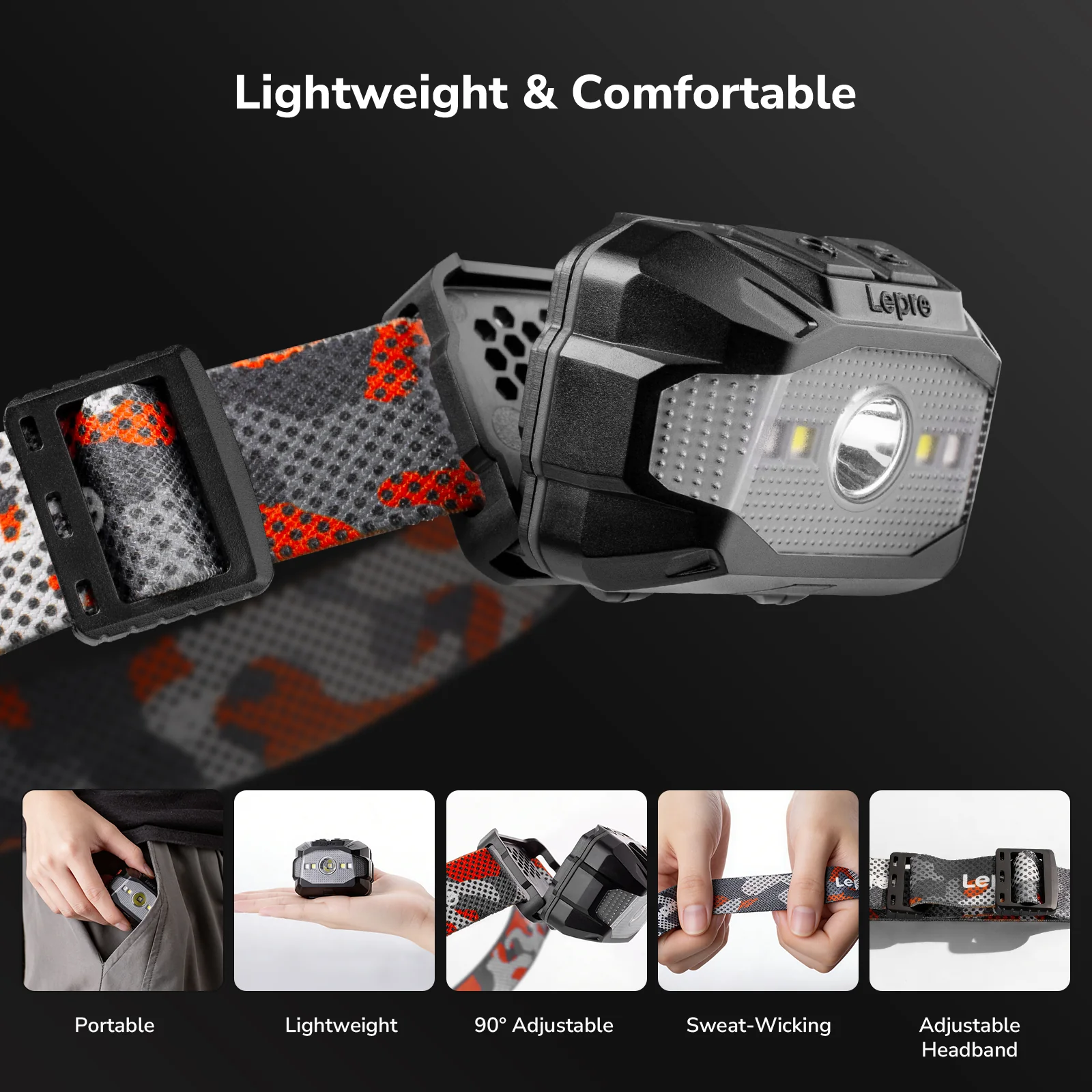 Lepro Dual Power Head Torch Rechargeable, LED Headlight with TypeC & AAA Backup, 10 Modes with Red SOS Light, Lightweight for Kids Adults, IPX4 Waterproof Head Lamp for Camping, Running, Cycling - Image 7