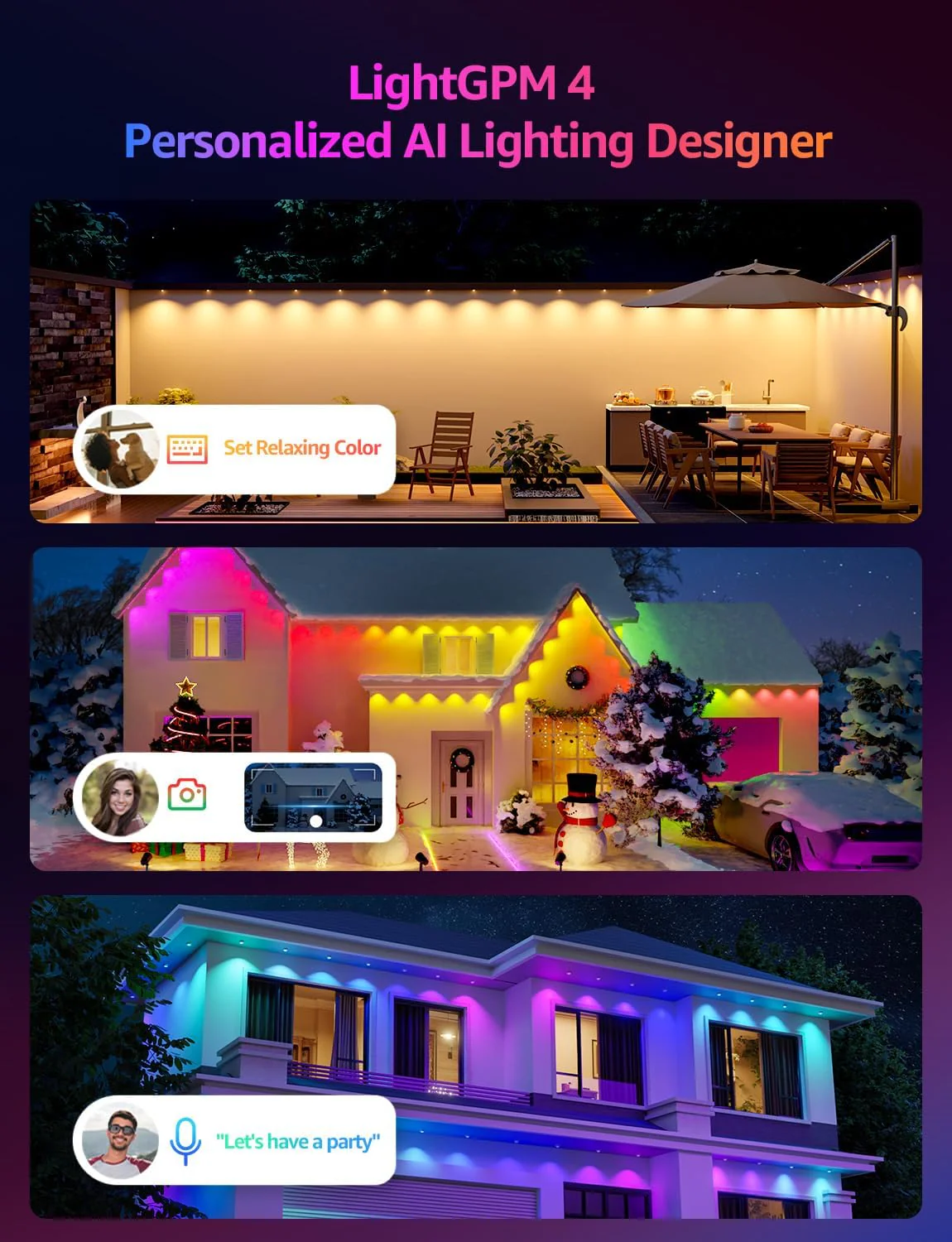 Lepro E1 AI Permanent Outdoor Lights, Smart Outdoor Lights Waterproof, Tunable White, AI Lighting Design Assistant, Colour Changing Eaves Lights, Works with Alexa, 2.4G WiFi & Bluetooth, No Remote - Image 2