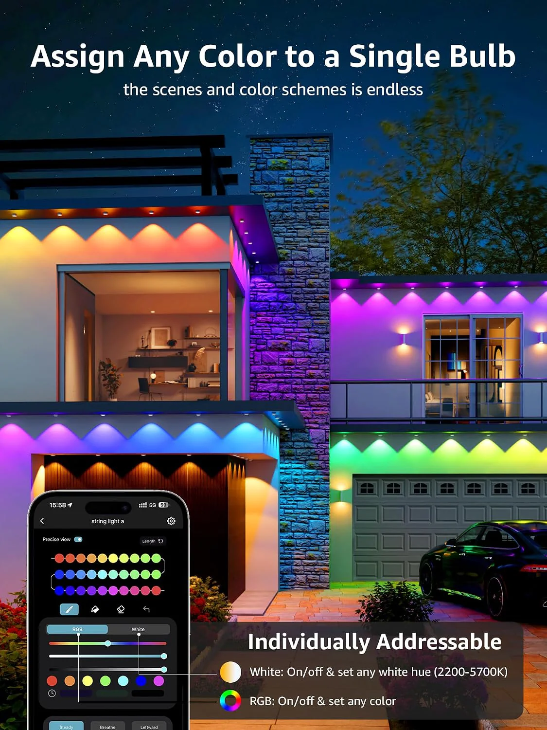 Lepro E1 AI Permanent Outdoor Lights, Smart Outdoor Lights Waterproof, Tunable White, AI Lighting Design Assistant, Colour Changing Eaves Lights, Works with Alexa, 2.4G WiFi & Bluetooth, No Remote - Image 4