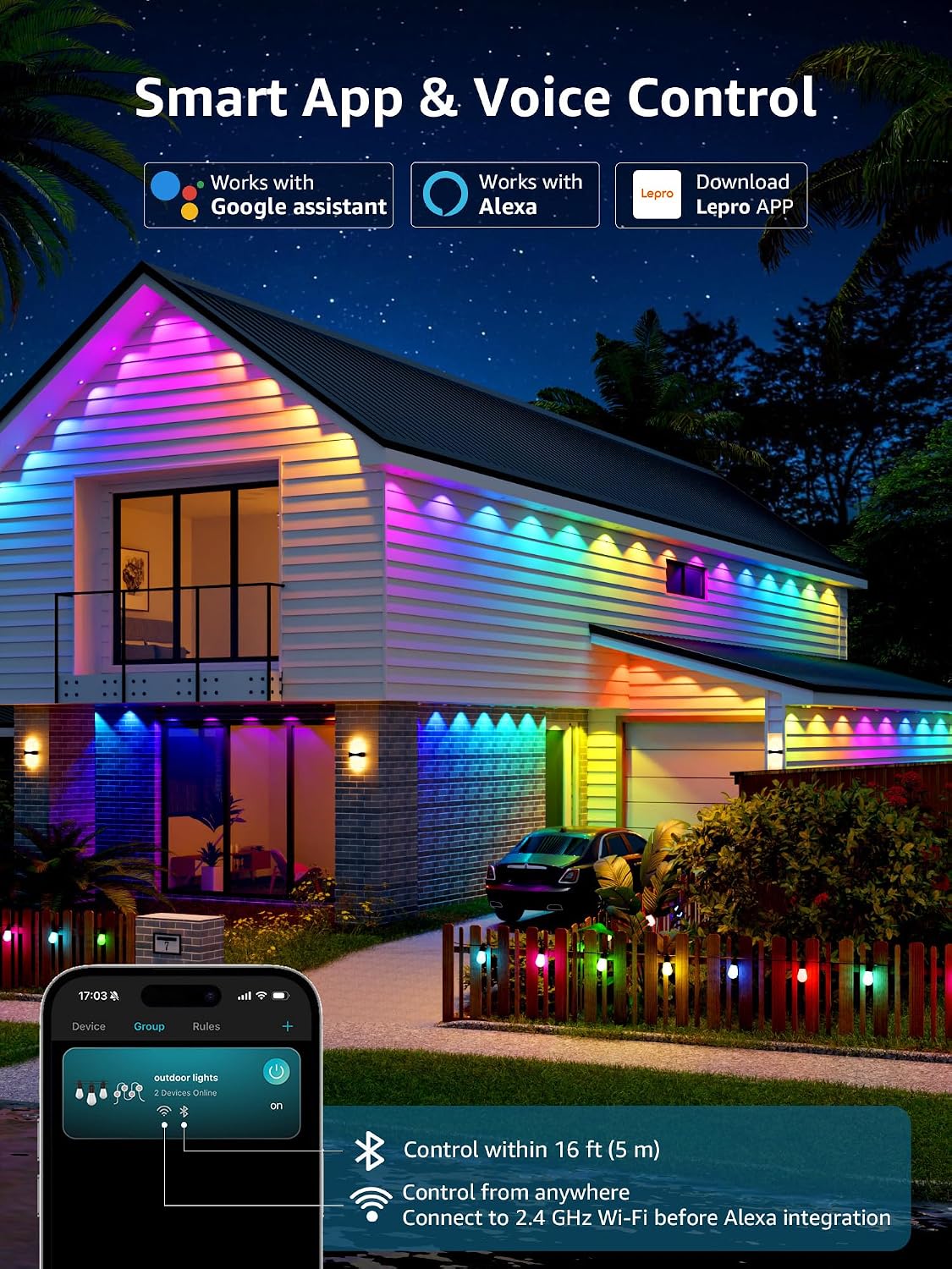 Lepro E1 AI Permanent Outdoor Lights, Smart Outdoor Lights Waterproof, Tunable White, AI Lighting Design Assistant, Colour Changing Eaves Lights, Works with Alexa, 2.4G WiFi & Bluetooth, No Remote - Image 5