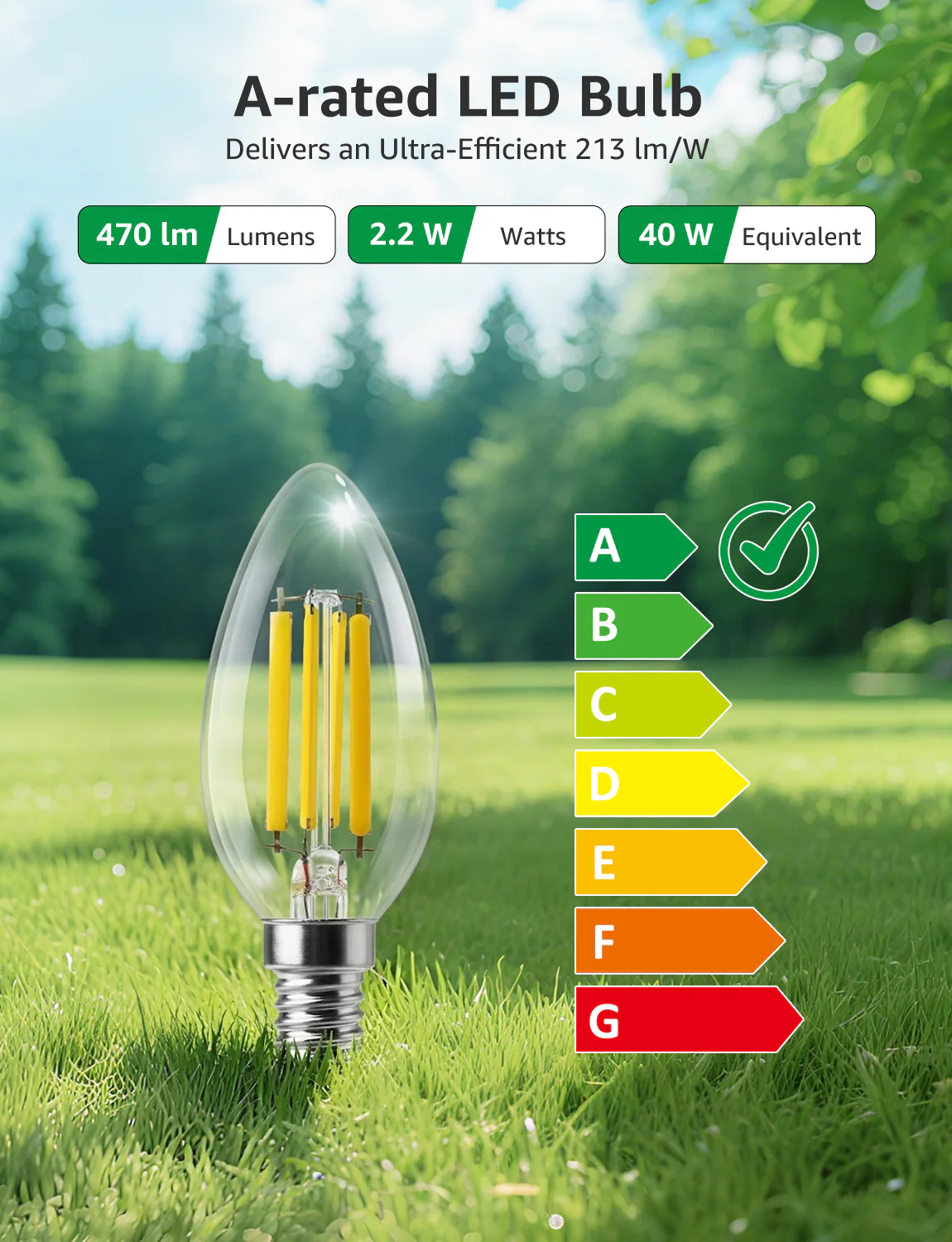 Lepro E14 LED Light Bulb A-Rated, Warm White 2700K, Ultra-efficient E14 Candle Bulb C35, 2.2W = 40W, 470lm, 50000H Lifespan, Small Edison Screw SES, Clear Filament, Glass, Non-dimmable [Energy Class A] - Image 3