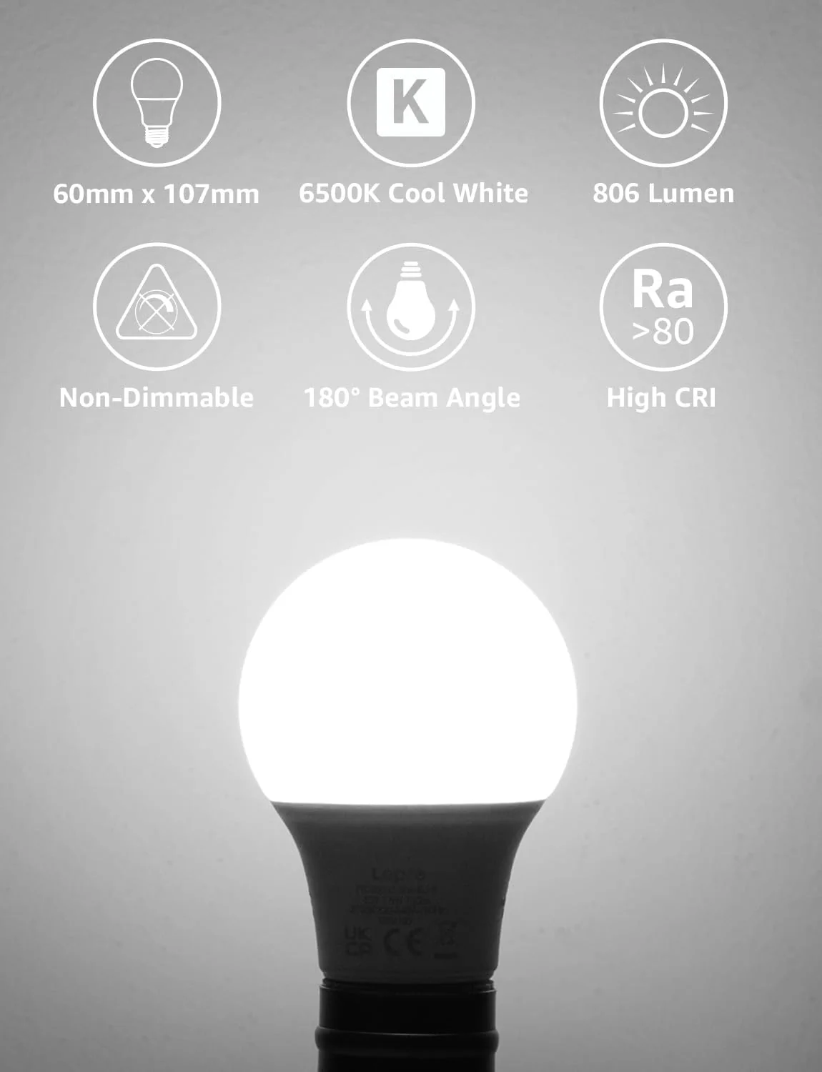Lepro E27 Screw Bulb, Cool White 6500K, 60W Equivalent E27 LED Bulb, 8.5W 806lm Edison Screw Bulb, GLS Energy Saving E27 LED Light Bulbs, Non-dimmable, Pack of 6 - Image 2