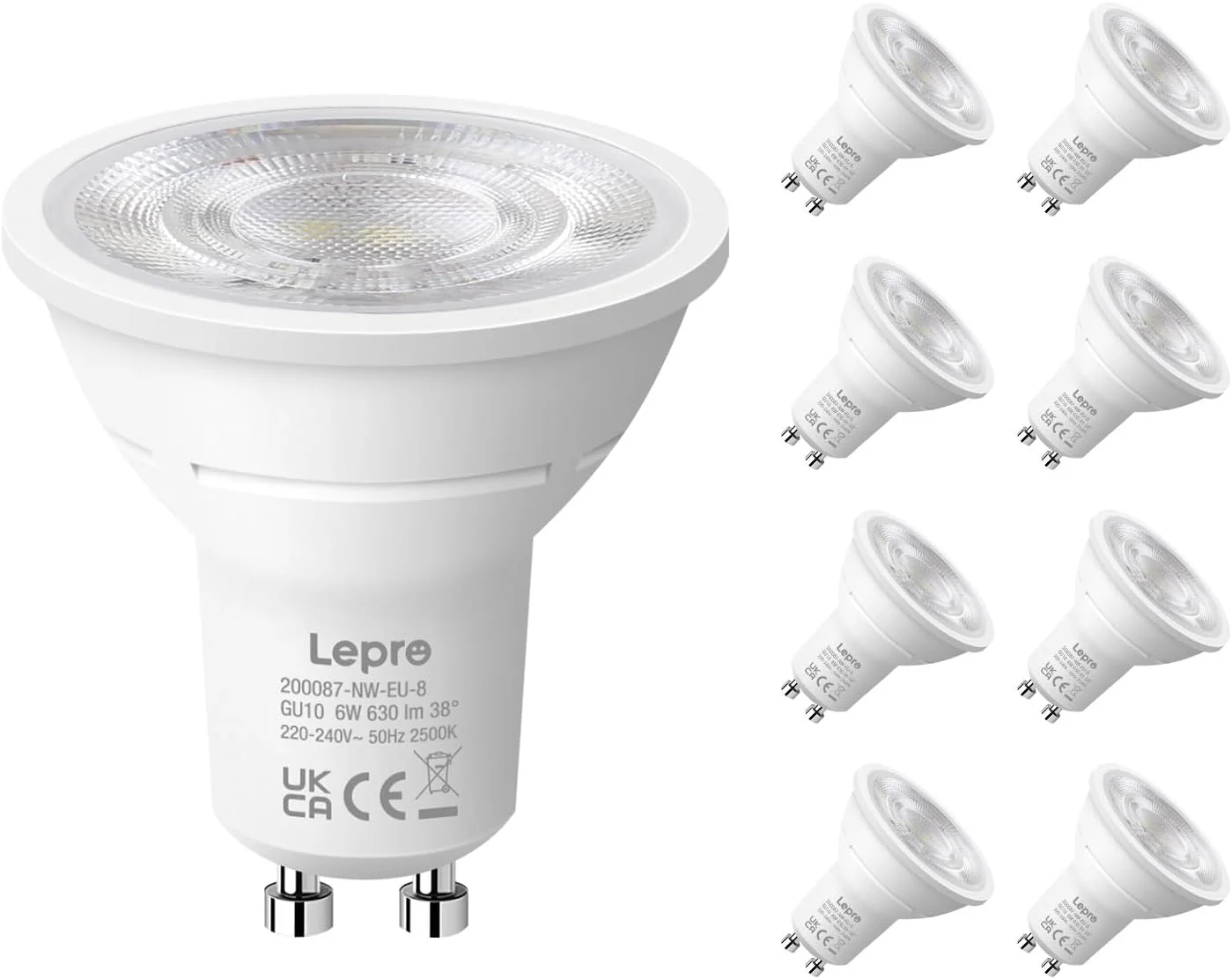 Lepro GU10 LED Bulbs, 4000K Neutral White, 630LM, 6W (80W Equivalent), 38¡« Beam Angle, Energy Saving Spotlight Bulbs, Non-Dimmable, 8 Packs