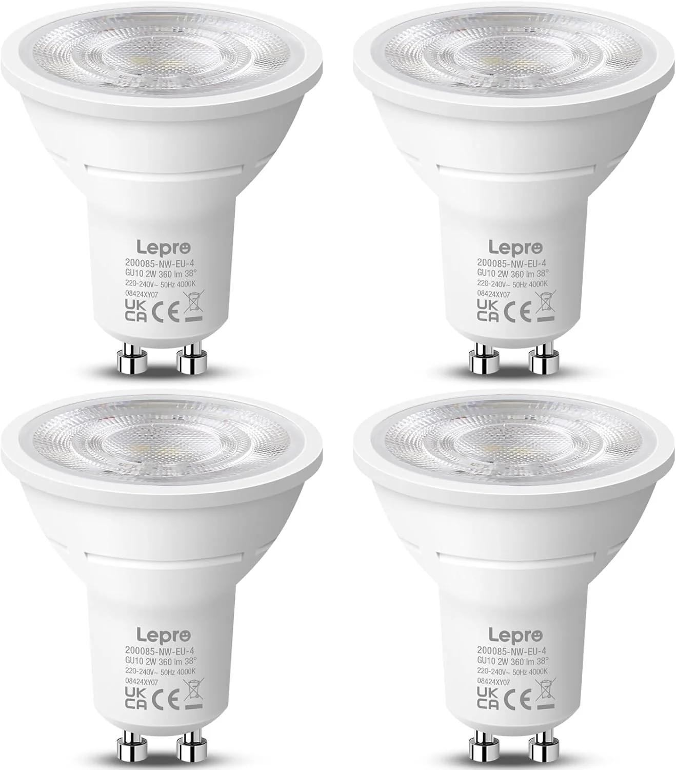 Lepro GU10 LED Bulbs, A Energy Class, Neutral White 4000K, 360LM, 2W (50W Equivalent), 38¡« Beam Angle, 50000H Life Span, 96% Energy Saving Spotlight Bulb, Non-Dimmable, 4 Packs
