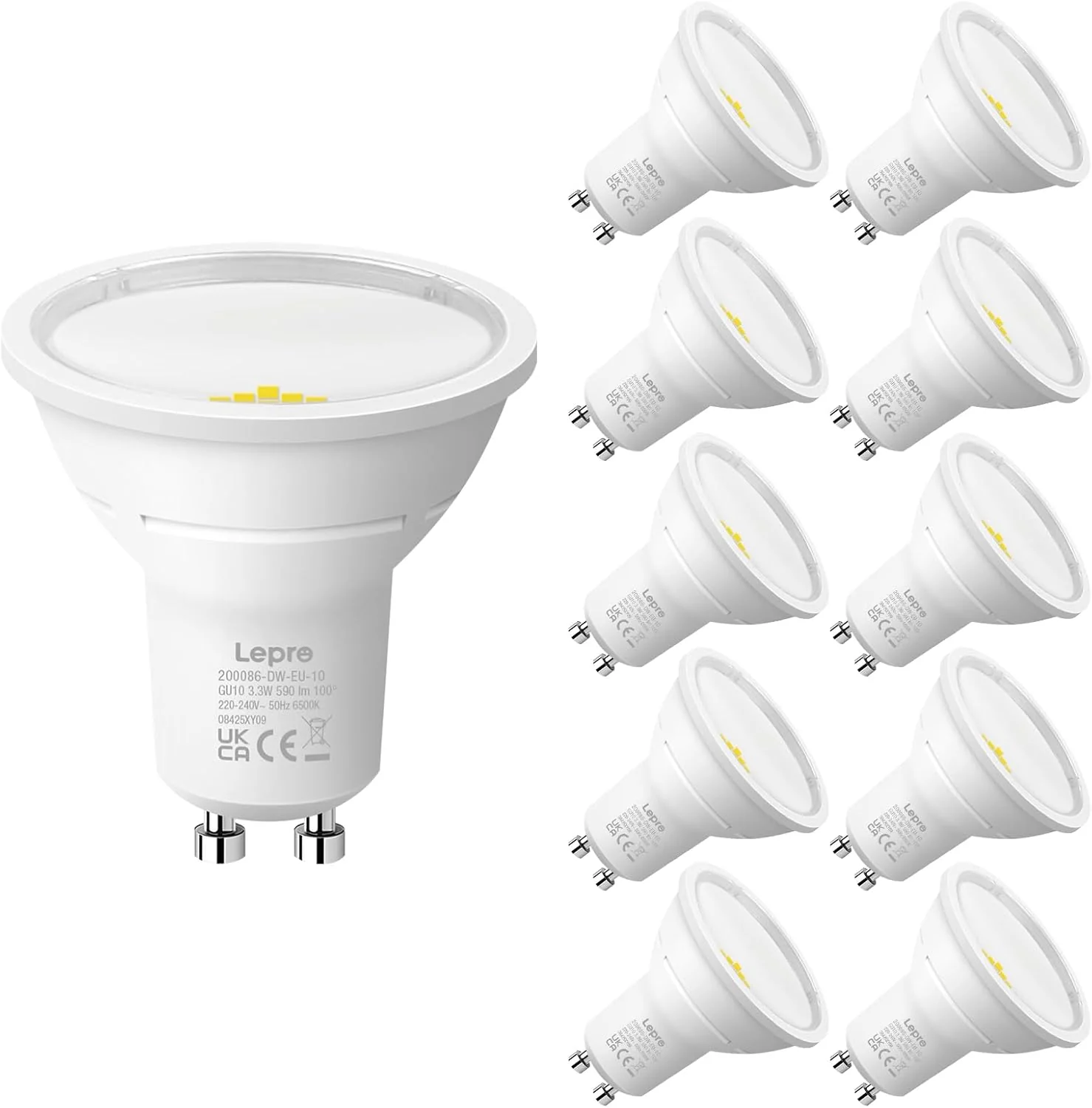 Lepro GU10 LED Bulbs, Cool White 6500K, A Energy Class, 590LM, 3.3W (50W Equivalent), 100¡« Wide Beam Angle, 50000H Long Life, Energy Saving LED Spotlight Bulb, Non-Dimmable, Pack of 10