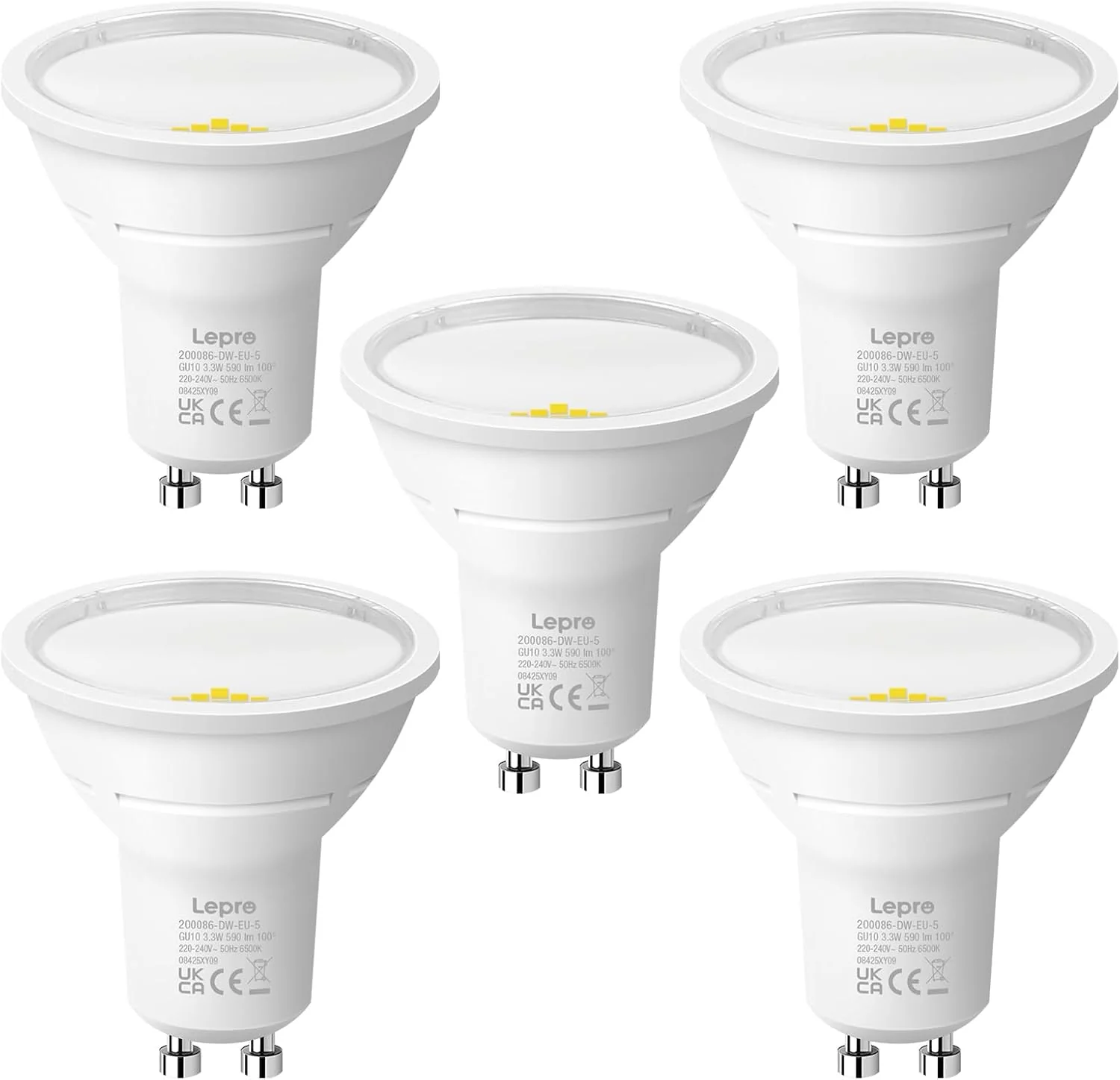 Lepro GU10 LED Bulbs, Cool White 6500K, A Energy Class, 590LM, 3.3W (50W Equivalent), 100¡« Wide Beam Angle, 50000H Long Life, Energy Saving LED Spotlight Bulb, Non-Dimmable, Pack of 5