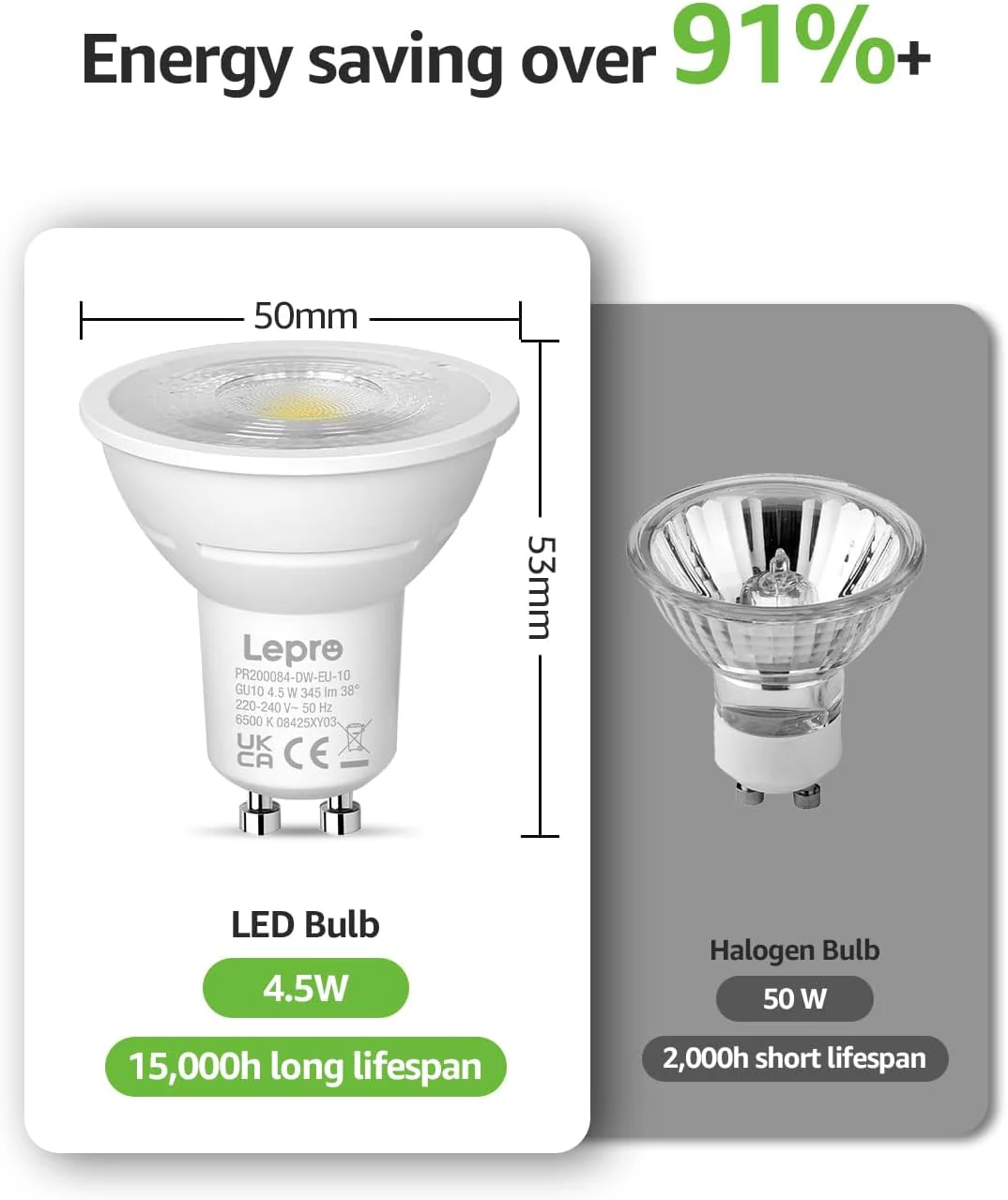Lepro GU10 LED Bulbs Dimmable, Cool White 6500K, 4.5W 345lm, 50W Halogen Spotlight Bulb Equivalent, 38° Narrow Beam, Daylight White, Energy Saving GU10 LED Light Bulbs, Pack of 10 - Image 4