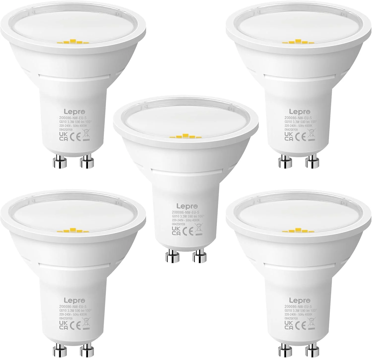 Lepro GU10 LED Bulbs, Neutral White 4000K, A Energy Class, 590LM, 3.3W (50W Equivalent), 100¡« Wide Beam Angle, 50000H Long Life, Energy Saving LED Spotlight Bulb, Non-Dimmable, Pack of 5