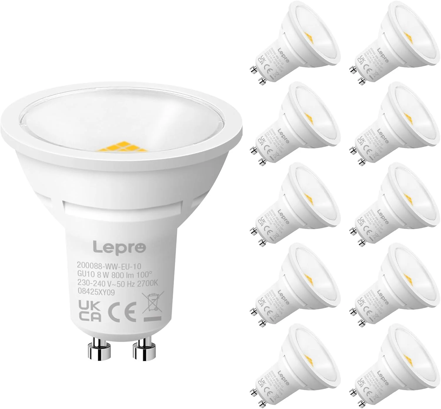 Lepro GU10 LED Bulbs, Warm White 2700K, 800LM, 8W (65W Equivalent), 100¡« Wide Beam Angle, Energy Saving LED Spotlight Bulbs, Non-Dimmable, Pack of 10