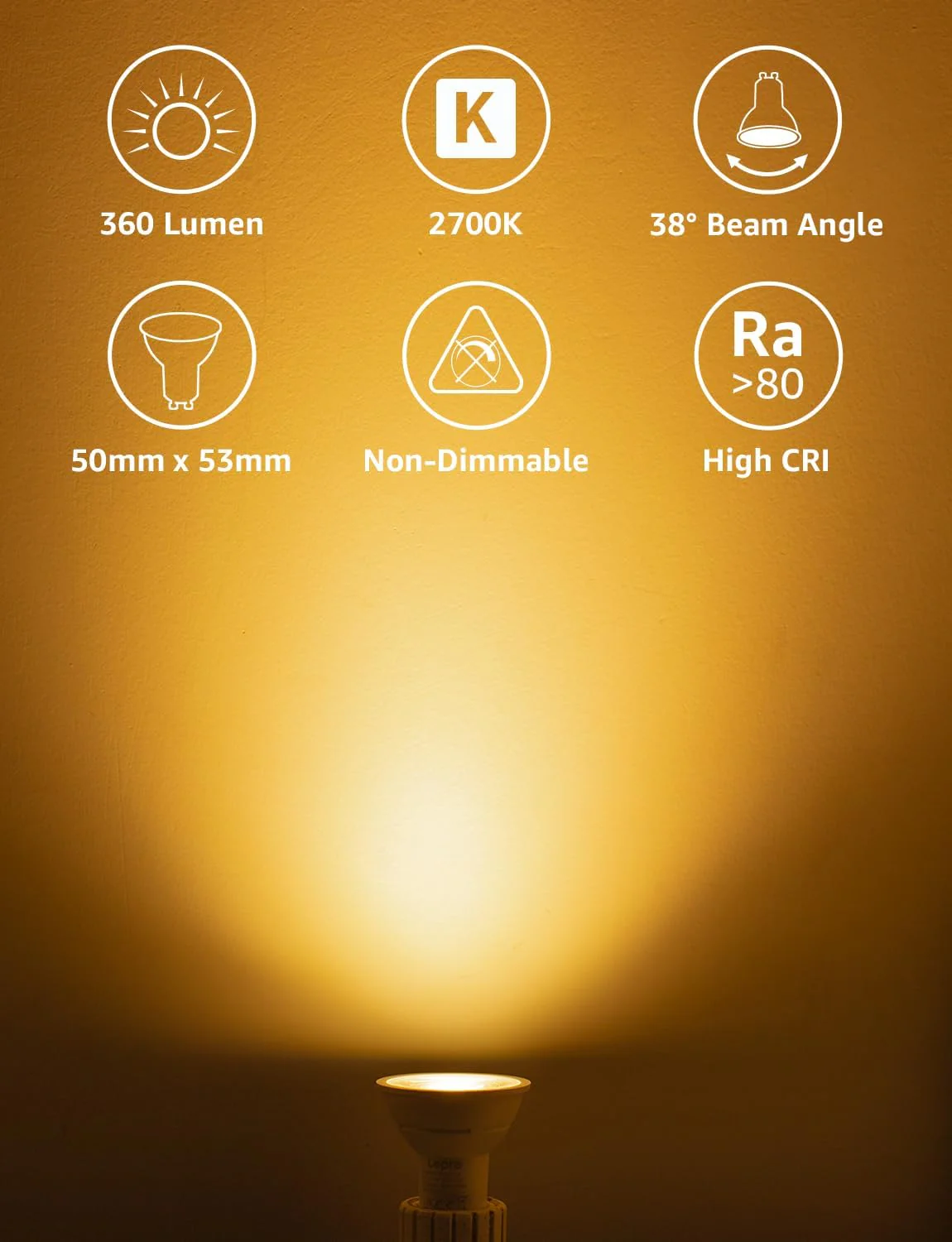 Lepro GU10 LED Bulbs, Warm White 2700K, A Energy Class, 360LM, 2W (50W Equivalent), 38¡« Beam Angle, 50000H Long Life, 96% Energy Saving Spotlight Bulb, Non-Dimmable, 2 Packs - Image 2
