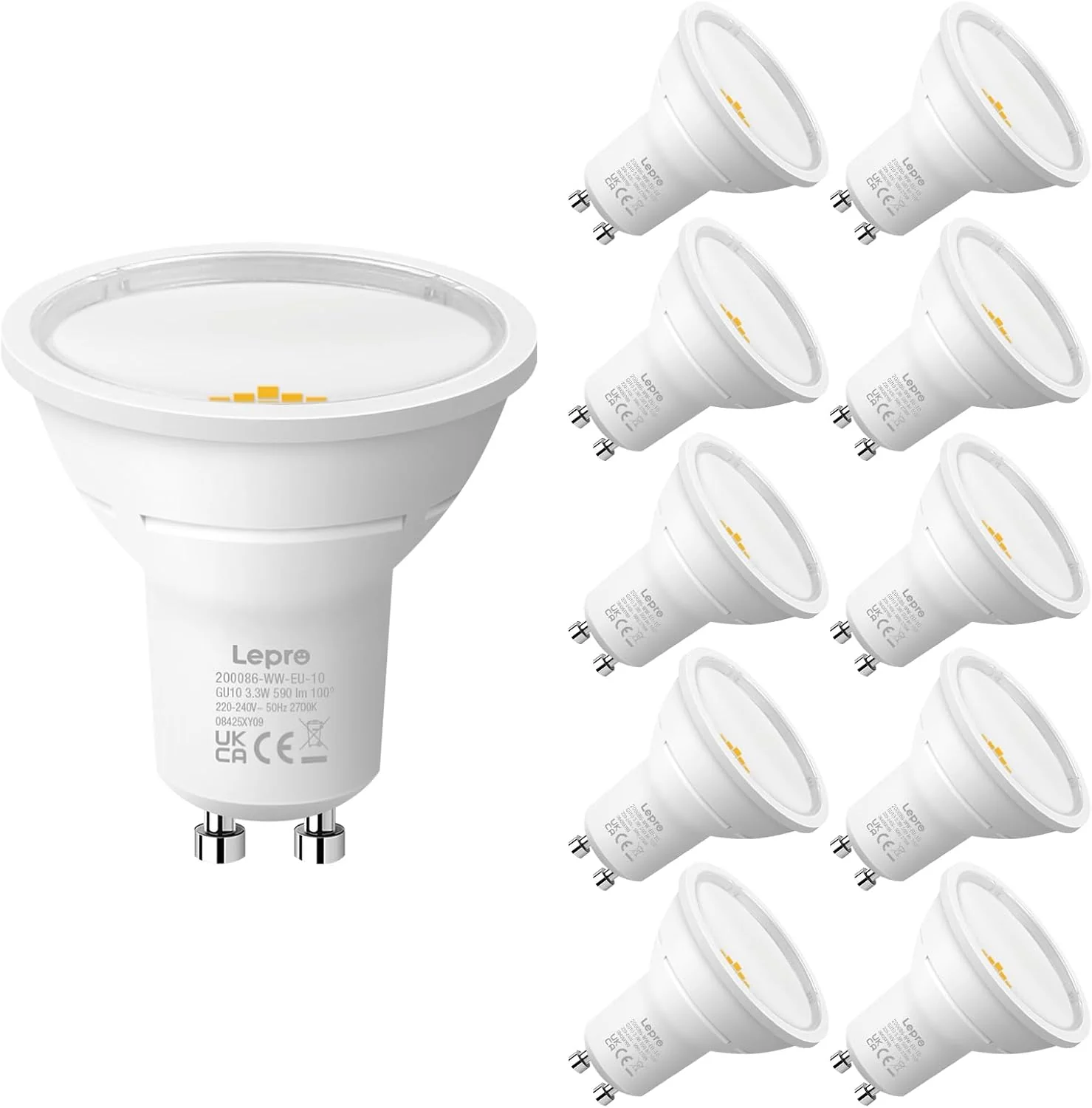 Lepro GU10 LED Bulbs, Warm White 2700K, A Energy Class, 590LM, 3.3W (50W Equivalent), 100¡« Wide Beam Angle, 50000H Long Life, Energy Saving LED Spotlight Bulb, Non-Dimmable, Pack of 10