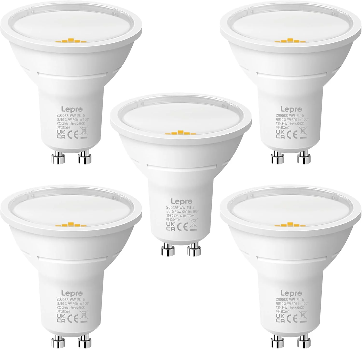 Lepro GU10 LED Bulbs, Warm White 2700K, A Energy Class, 590LM, 3.3W (50W Equivalent), 100¡« Wide Beam Angle, 50000H Long Life, Energy Saving LED Spotlight Bulb, Non-Dimmable, Pack of 5