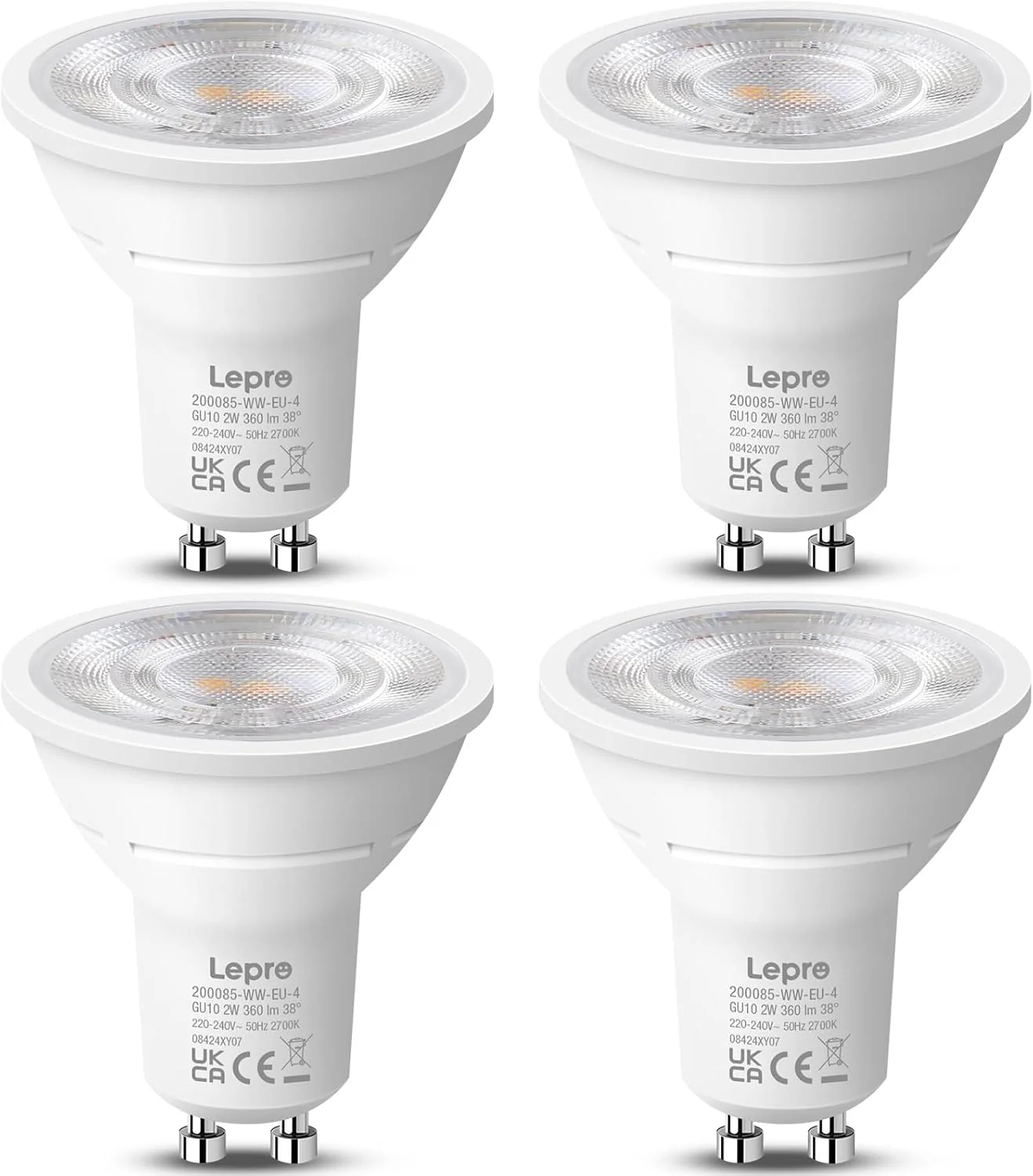 Lepro GU10 LED Bulbs Warm White, A Energy Class, 360LM, 2W (50W Equivalent), 38¡« Beam Angle, 50000H Life Span, 96% Energy Saving Spotlight Bulb, Non-Dimmable, 4 Packs