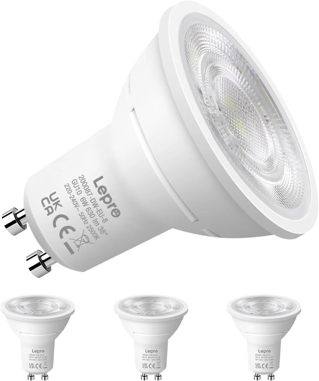 Lepro GU10 LED Spotlight Bulb, 630LM, 6W (80W Equivalent), Daylight White 6500K, 38¡« Beam Angle, Energy Saving Light Bulbs, Non-Dimmable, 4 Packs