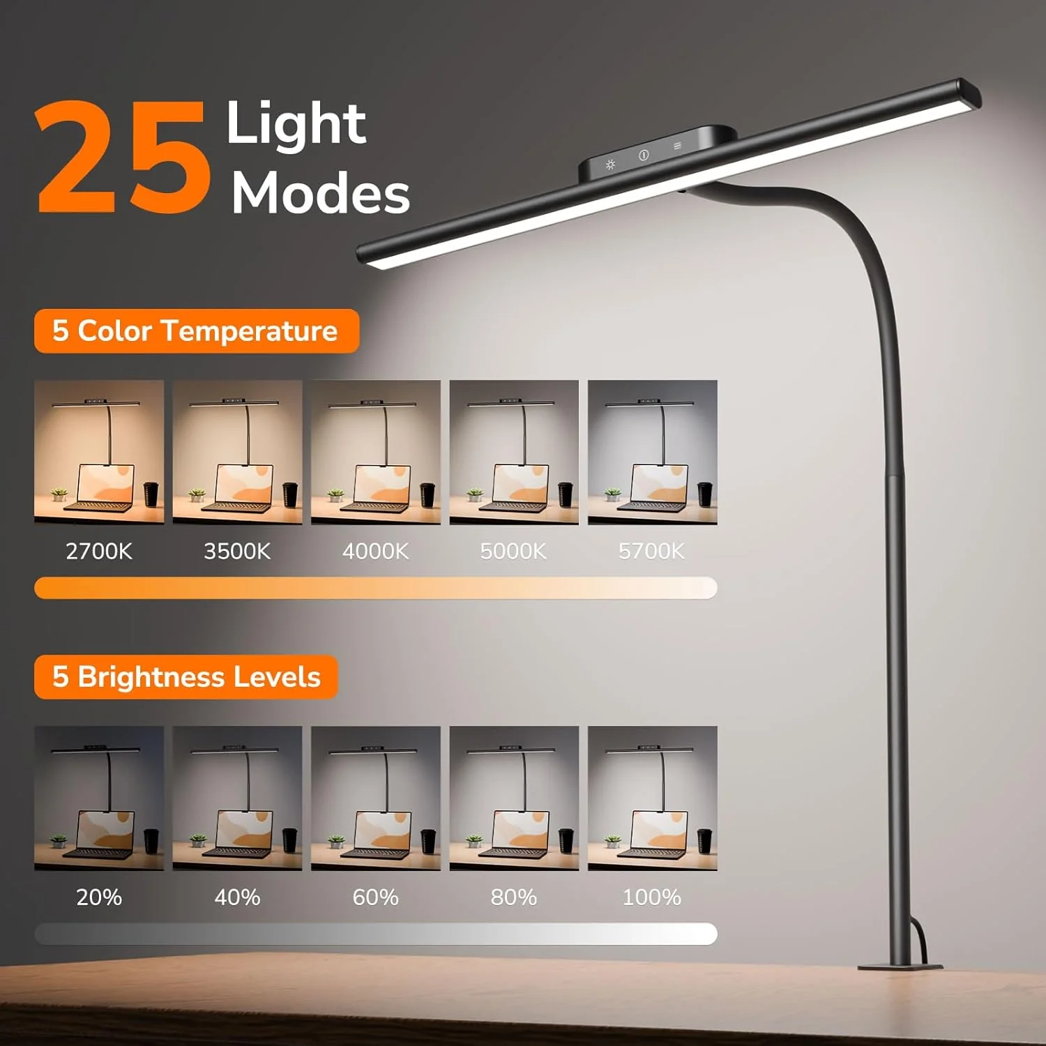 Lepro LED Desk Lamp with Clamp, Eye-Caring Desk Light, 700lm, 5 Brightness Levels & 5 Colour Modes, Flexible Office Lamp for Monitor, Reading, Crafts, Nails, School, Adapter Included, Black [Energy Class F] - Image 2