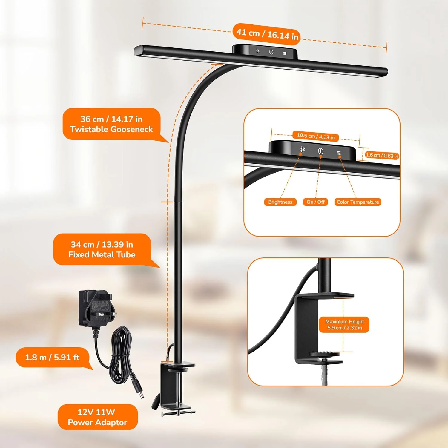 Lepro LED Desk Lamp with Clamp, Eye-Caring Desk Light, 700lm, 5 Brightness Levels & 5 Colour Modes, Flexible Office Lamp for Monitor, Reading, Crafts, Nails, School, Adapter Included, Black [Energy Class F] - Image 6