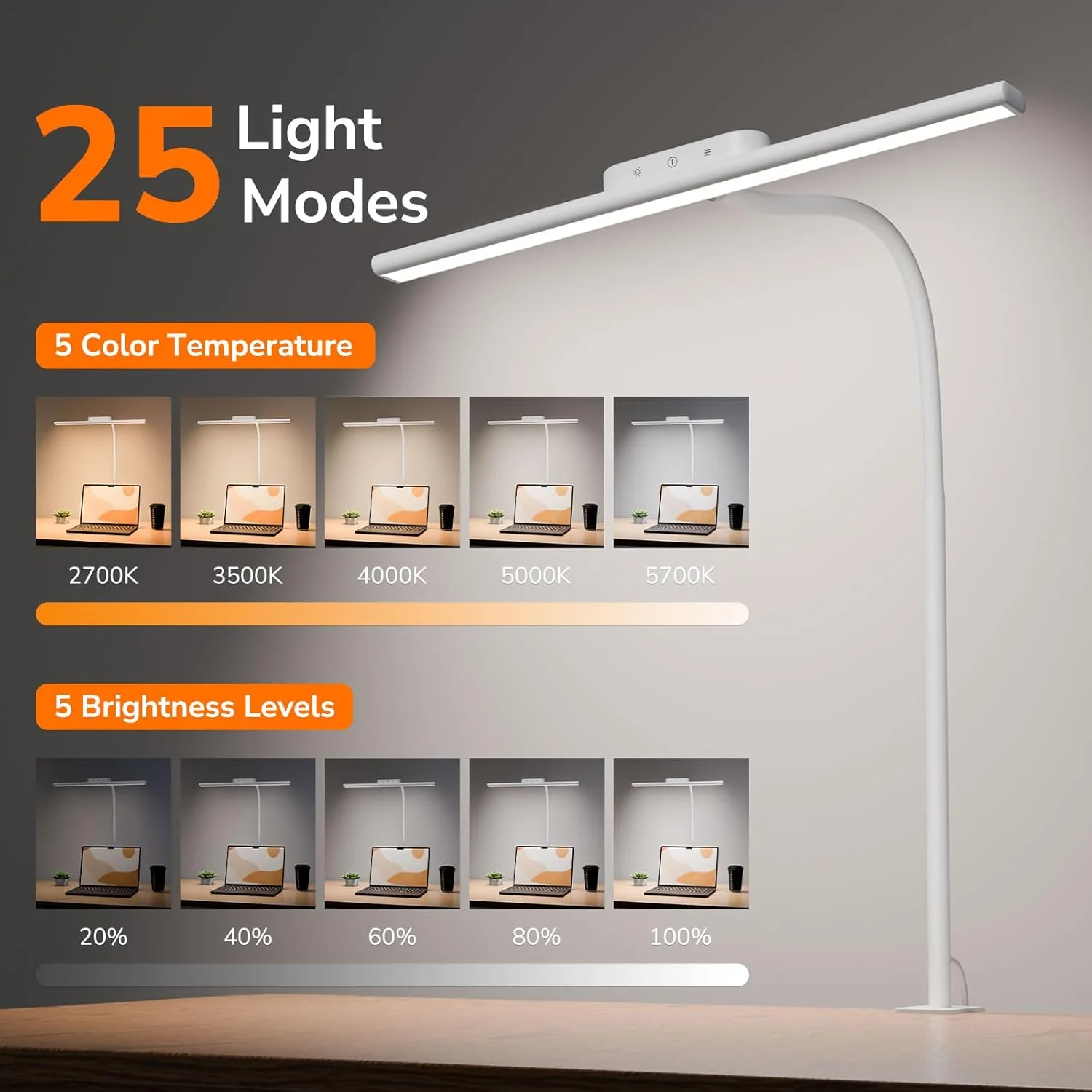 Lepro LED Desk Lamp with Clamp, Eye-Caring Desk Light, 750lm, 5 Brightness Levels & 5 Colour Modes, Flexible Office Lamp for Monitor, Reading, Crafts, Nails, School, Adapter Included, White [Energy Class F] - Image 2
