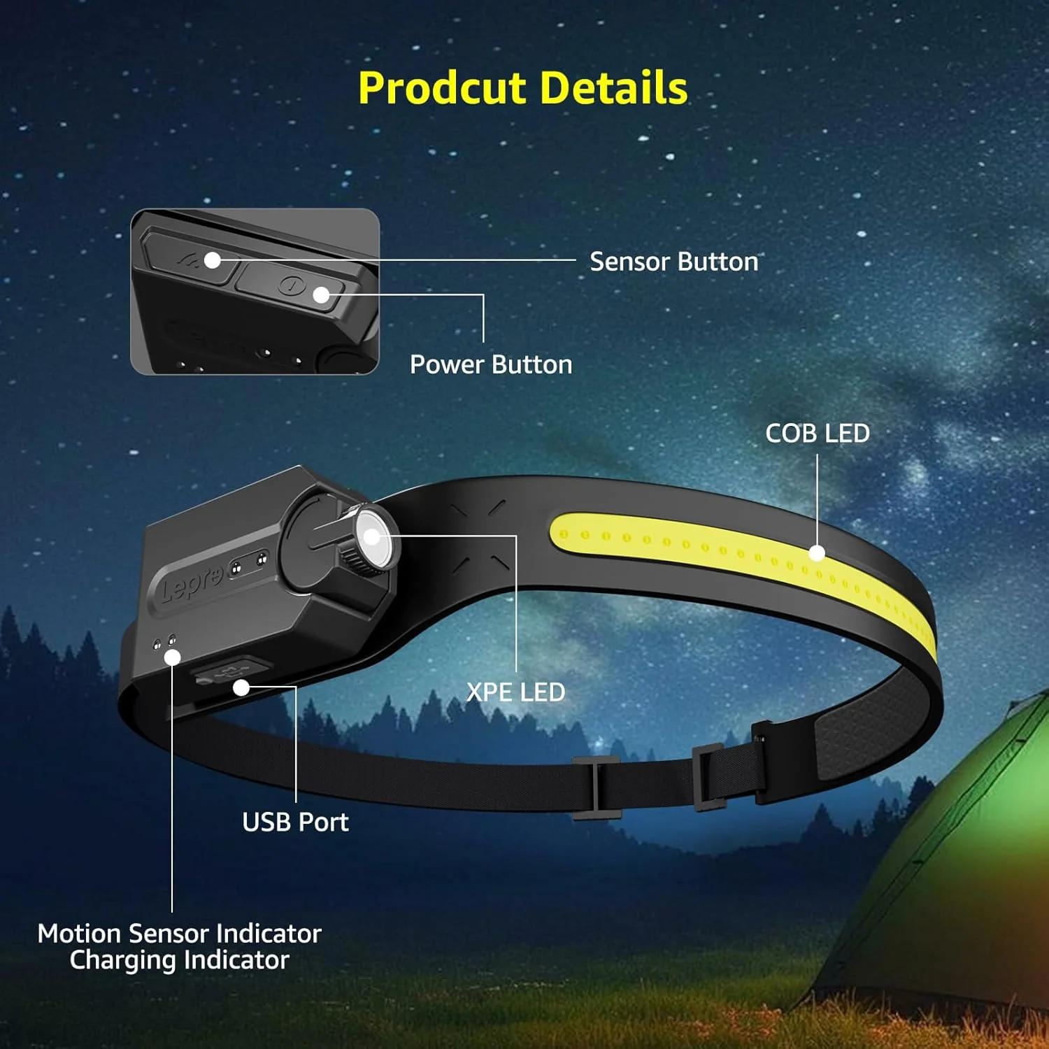 Lepro Led Head Torch Rechargeable, 2 Pack Super Bright Headlamp Flashlight 230¡«Wide Beam with Adjustable Spotlight, Motion Sensor, Waterproof Lightweight Headlight for Camping, Cycling, Running, Night - Image 8