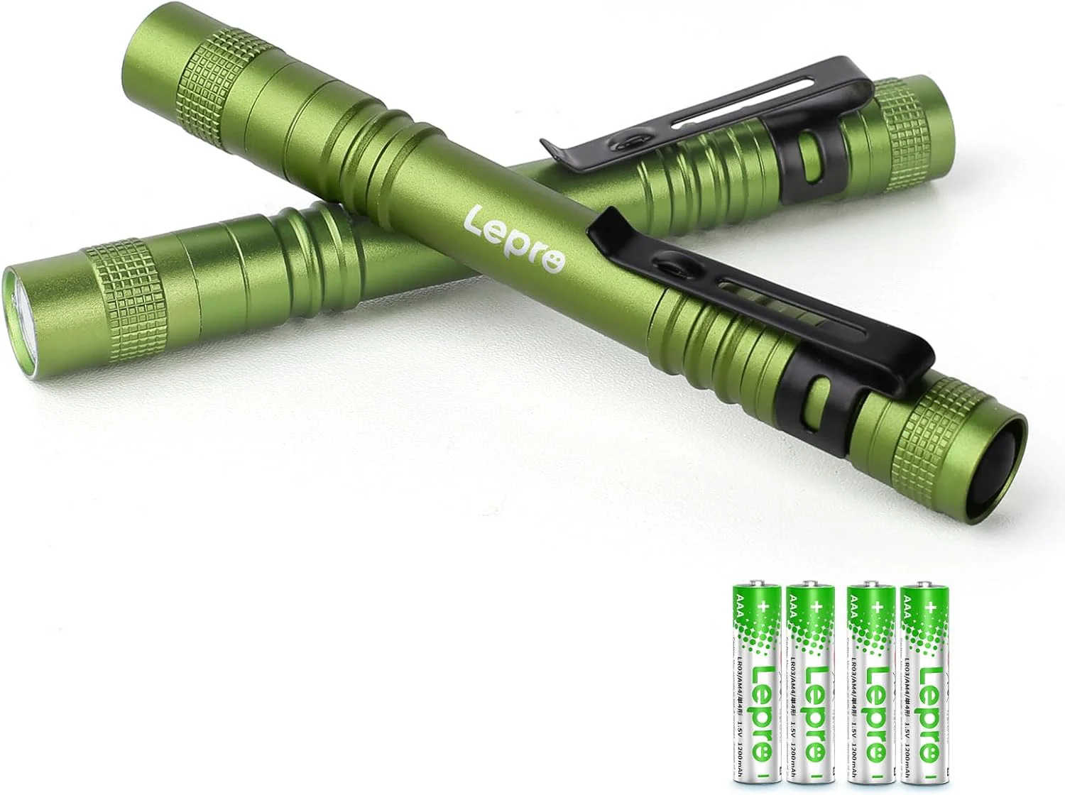 Lepro LED Torch Battery Powered, 2 Pack Pen Torch with Clip - Small Flightlight, 3 Modes, IP44 Waterproof for Camping, Emergencies, Repairs, Dog Walking, Power Cuts (Batteries Included), Green [Energy Class A]