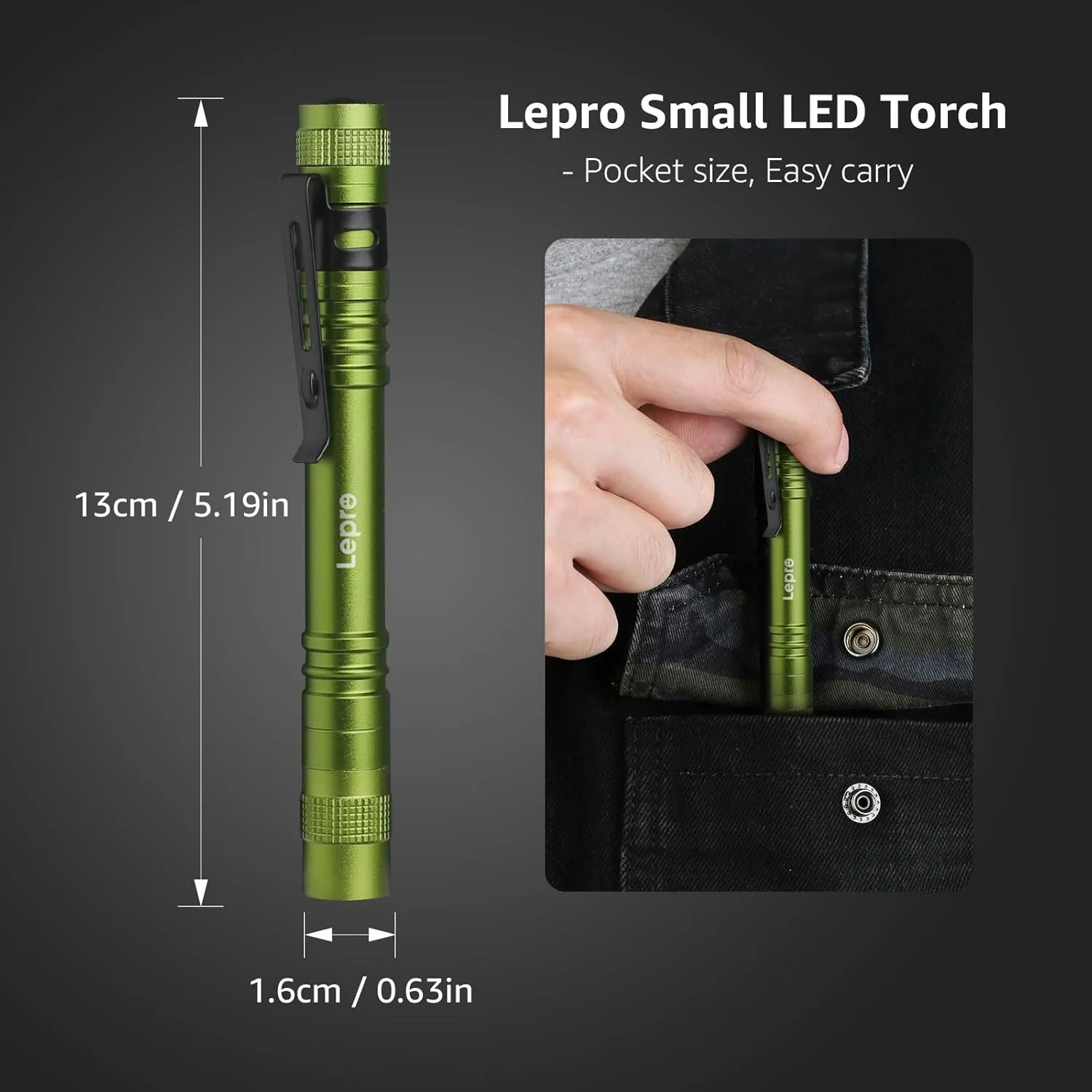 Lepro LED Torch Battery Powered, 2 Pack Pen Torch with Clip - Small Flightlight, 3 Modes, IP44 Waterproof for Camping, Emergencies, Repairs, Dog Walking, Power Cuts (Batteries Included), Green [Energy Class A] - Image 2
