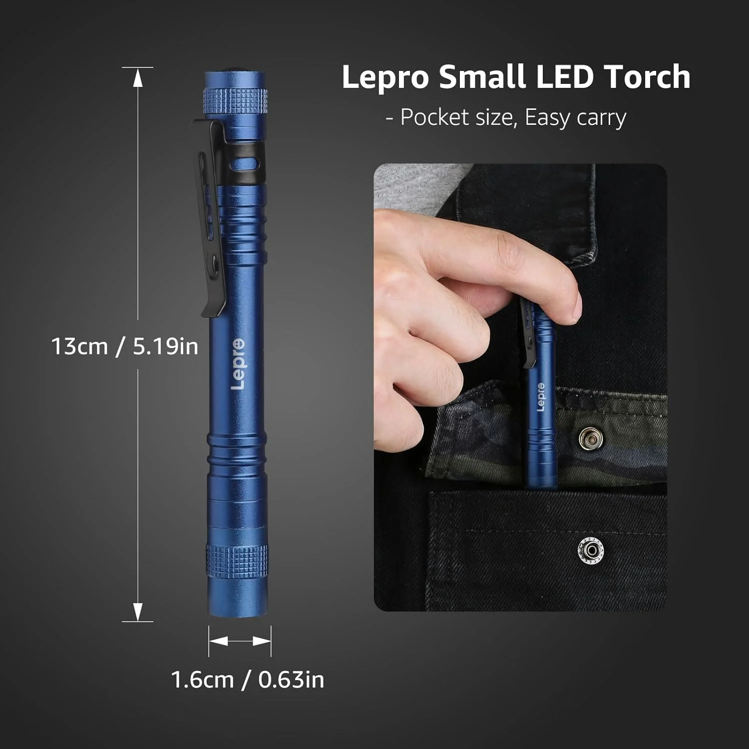 Lepro LED Torch Battery Powered, 2 Pack Pen Torch with Clip - Small Flightlight, 3 Modes, IP44 Waterproof for Inspection, Work, Repair and Nurses (Batteries Included), Blue - Image 2