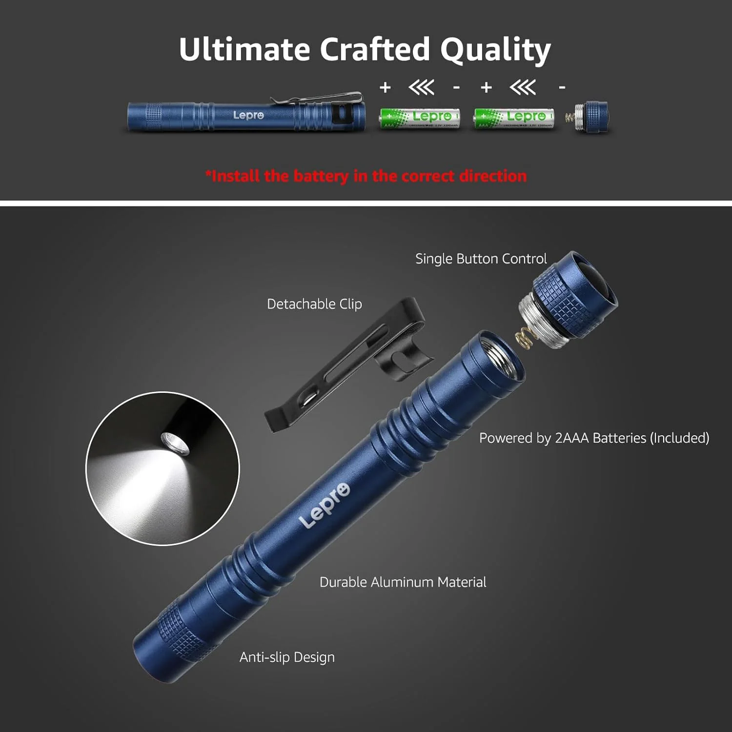 Lepro LED Torch Battery Powered, 2 Pack Pen Torch with Clip - Small Flightlight, 3 Modes, IP44 Waterproof for Inspection, Work, Repair and Nurses (Batteries Included), Blue - Image 5