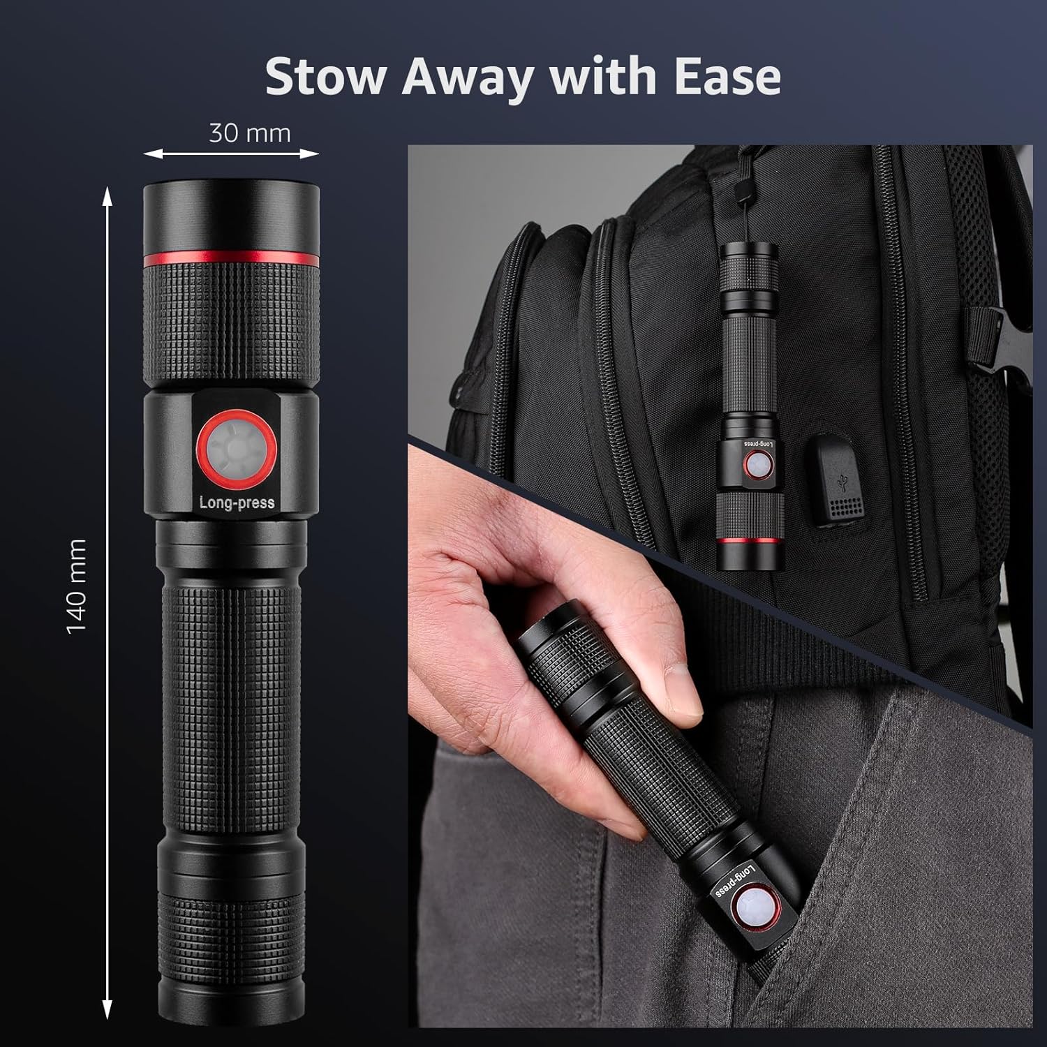 Lepro LED Torch Rechargeable, Super Bright Adjustable Focus Flashlight, 5 Modes, IPX4 Waterproof, Long Battery Life Small Pocket Torch for for Camping, Hiking, Power Cuts, Dog Walking - Image 7
