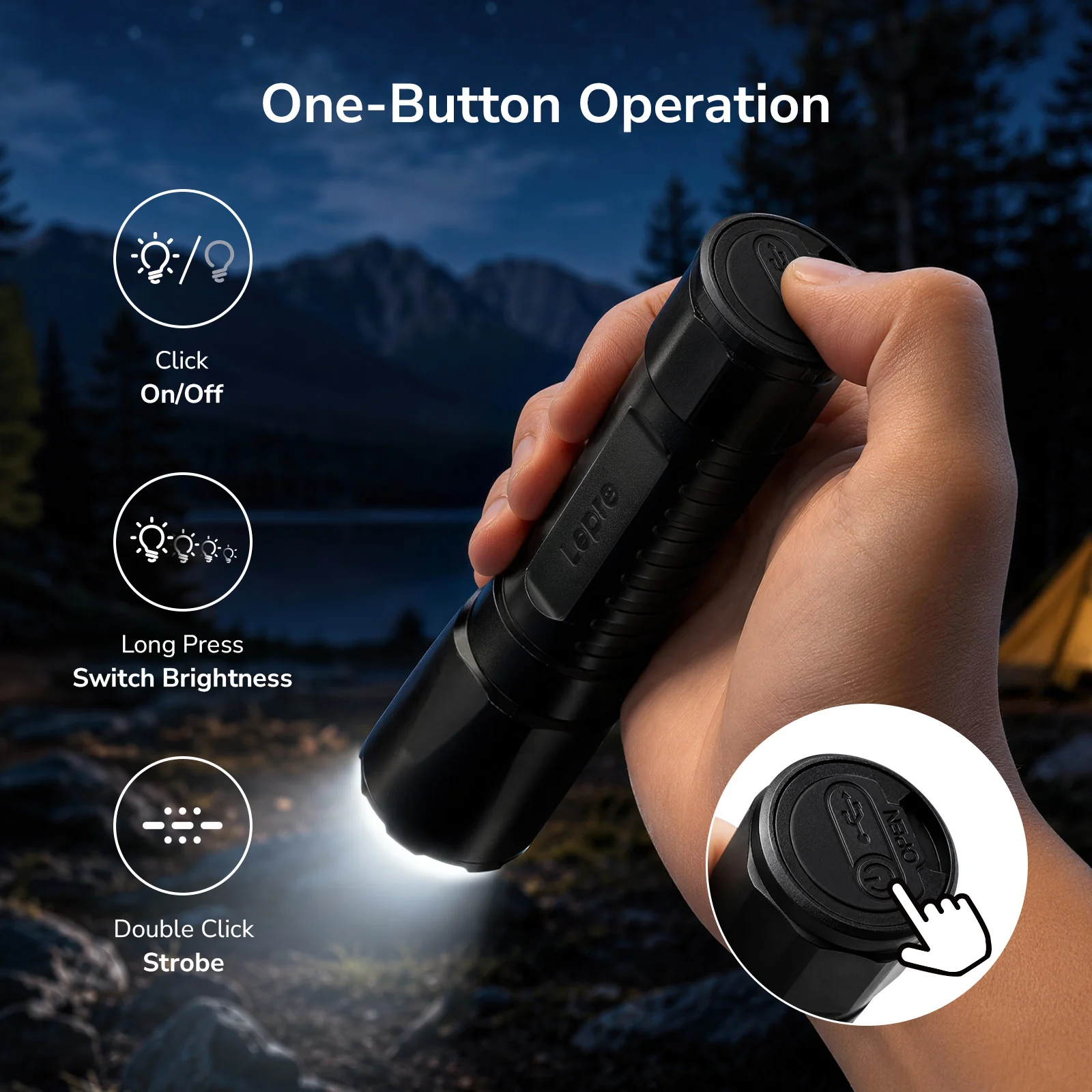 Lepro LED Torch Rechargeable, Super Bright Flashlight with 5 Modes & Memory Function, IPX4 Water Resistant, Long-Lasting, Plastic Lightweight Small Torch for Camping, Hiking, Power Cuts, Dog Walking [Energy Class A+] - Image 3