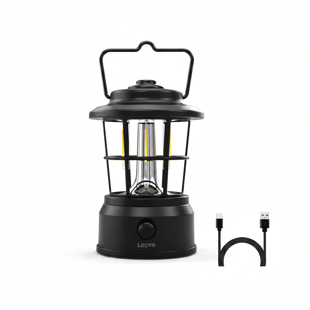 Lepro Rechargeable Camping Lantern, 300LM Retro Camping Tent Light with Knob Control, Dimmable Warm & Cool White, Type-C Charging, 3600mAh Portable Hanging Lamp for Power Cuts, Garden, Fishing, Black